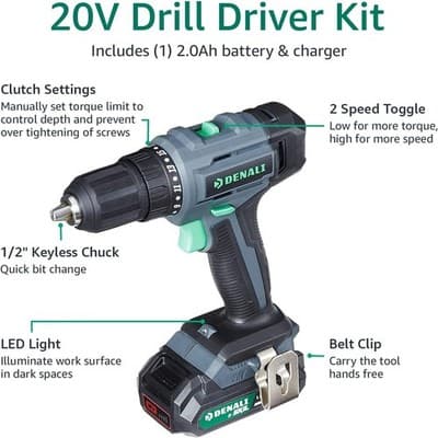Amazon Brand - Denali by SKIL 20V Cordless Drill Driver Kit with 2.0Ah Lithium - Thumbnail 2