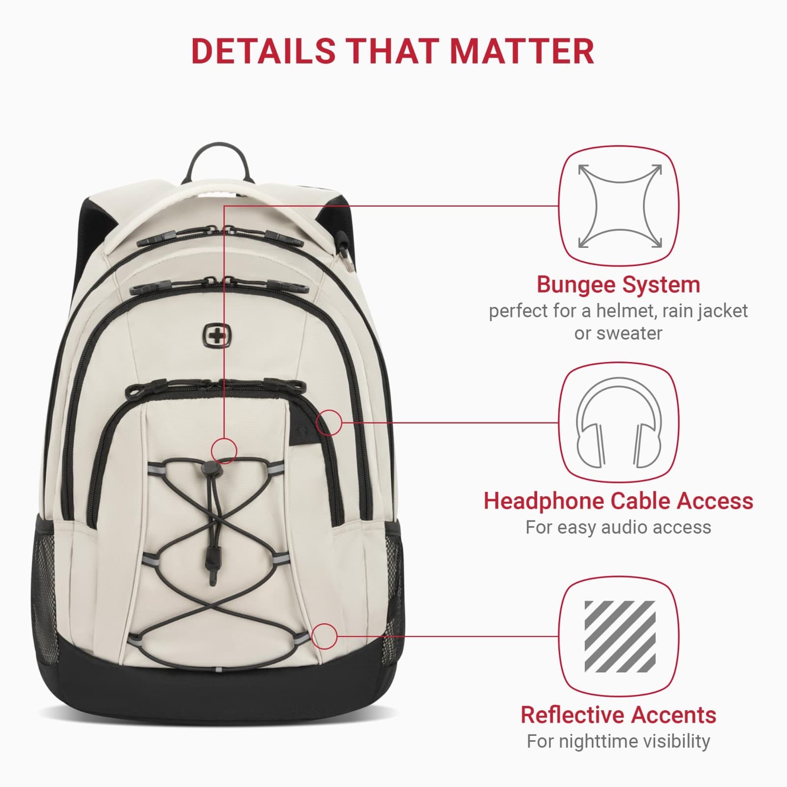 SwissGear 1186 Bungee Core Laptop Backpack 17 inch Cream/Black Special Edition - Thumbnail 6