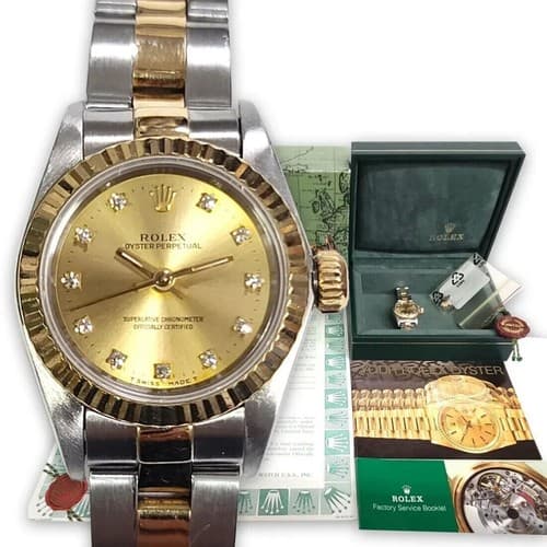 Rolex Ladies 18K/SS Oyster Perpetual Factory Champagne Diamond Dial Ref#67193 - Image 1