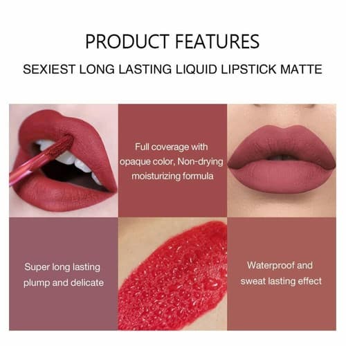 6 Colors Velvet Liquid Lipstick Set – Long Lasting Waterproof Non-Stick Lips B - Thumbnail 3