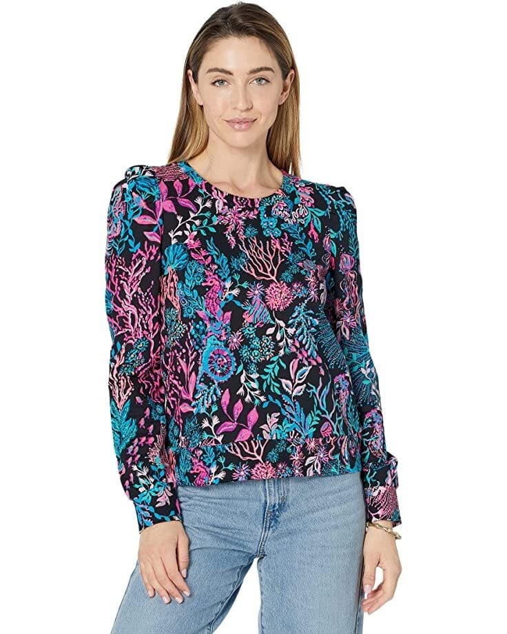 Lilly Pulitzer Jansen Sweatshirt Onyx Twilight Coral Pink Blouse Coastal X-Small - Image 1