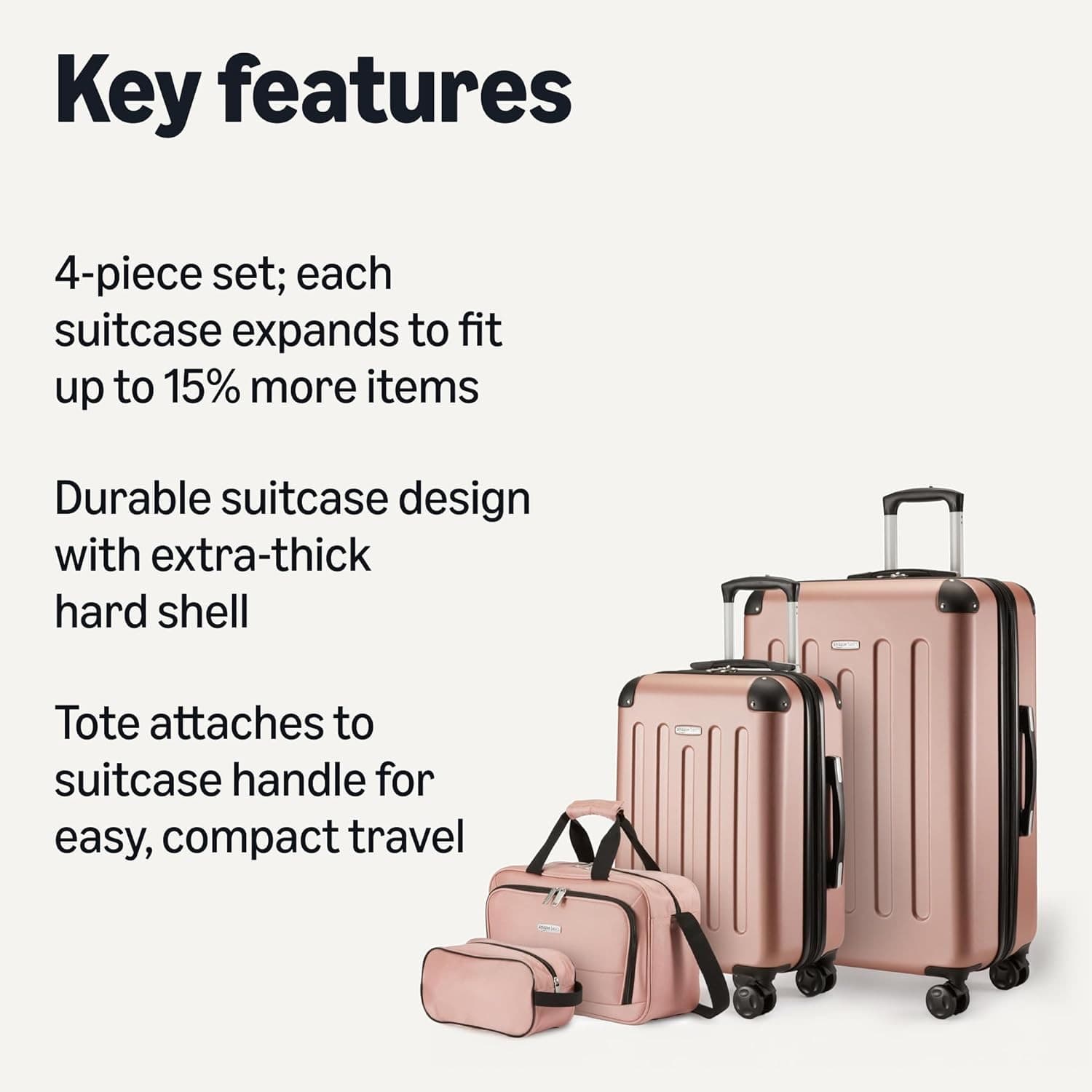 Amazon Basics 4-Piece Luggage Set, Two Hardside Suitcases, 28-22-15-10 Rose Gold - Thumbnail 6
