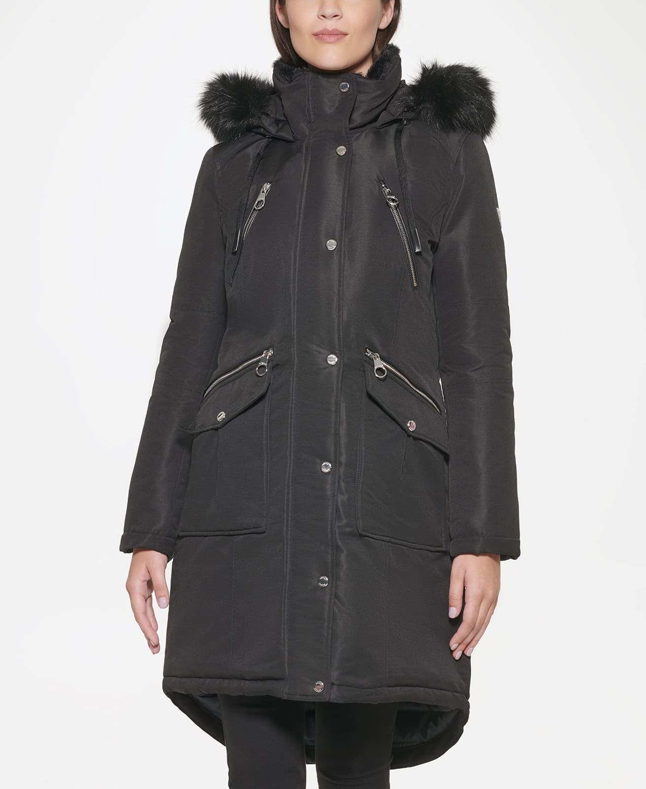 Guess Puffer Parka Jacket Black Removable Faux Fur Trim Hooded Coat Winter XL - Thumbnail 3