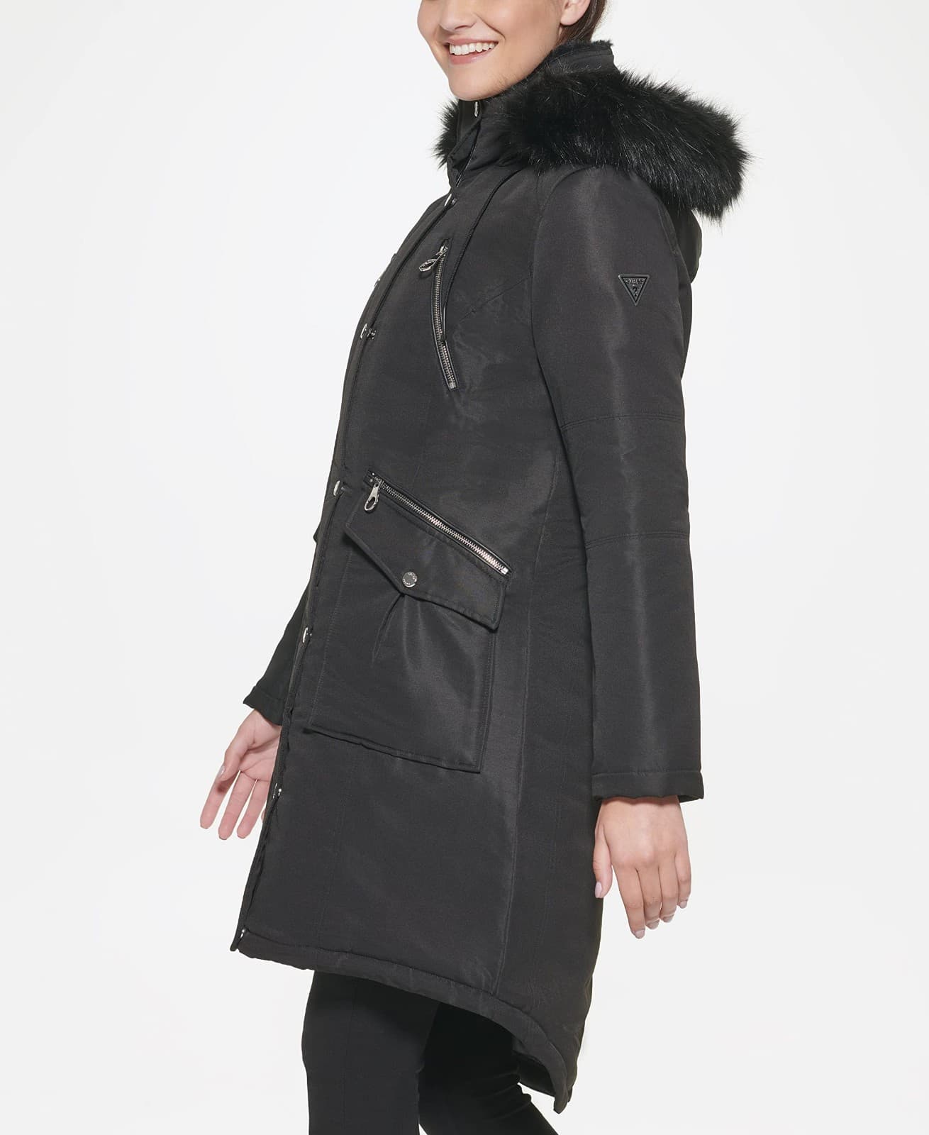 Guess Puffer Parka Jacket Black Removable Faux Fur Trim Hooded Coat Winter XL - Thumbnail 2