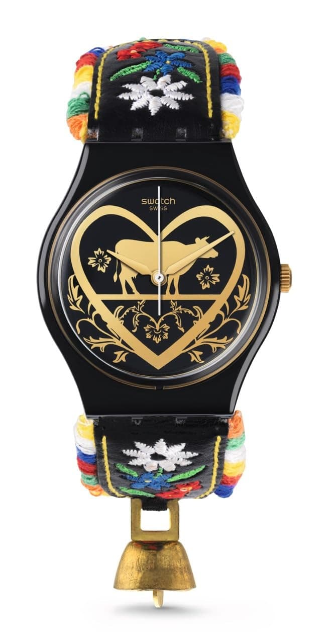 New Swiss Swatch DIE GLOCKE Black Embroidery Leather Women Watch 34mm GB285 - Thumbnail 2