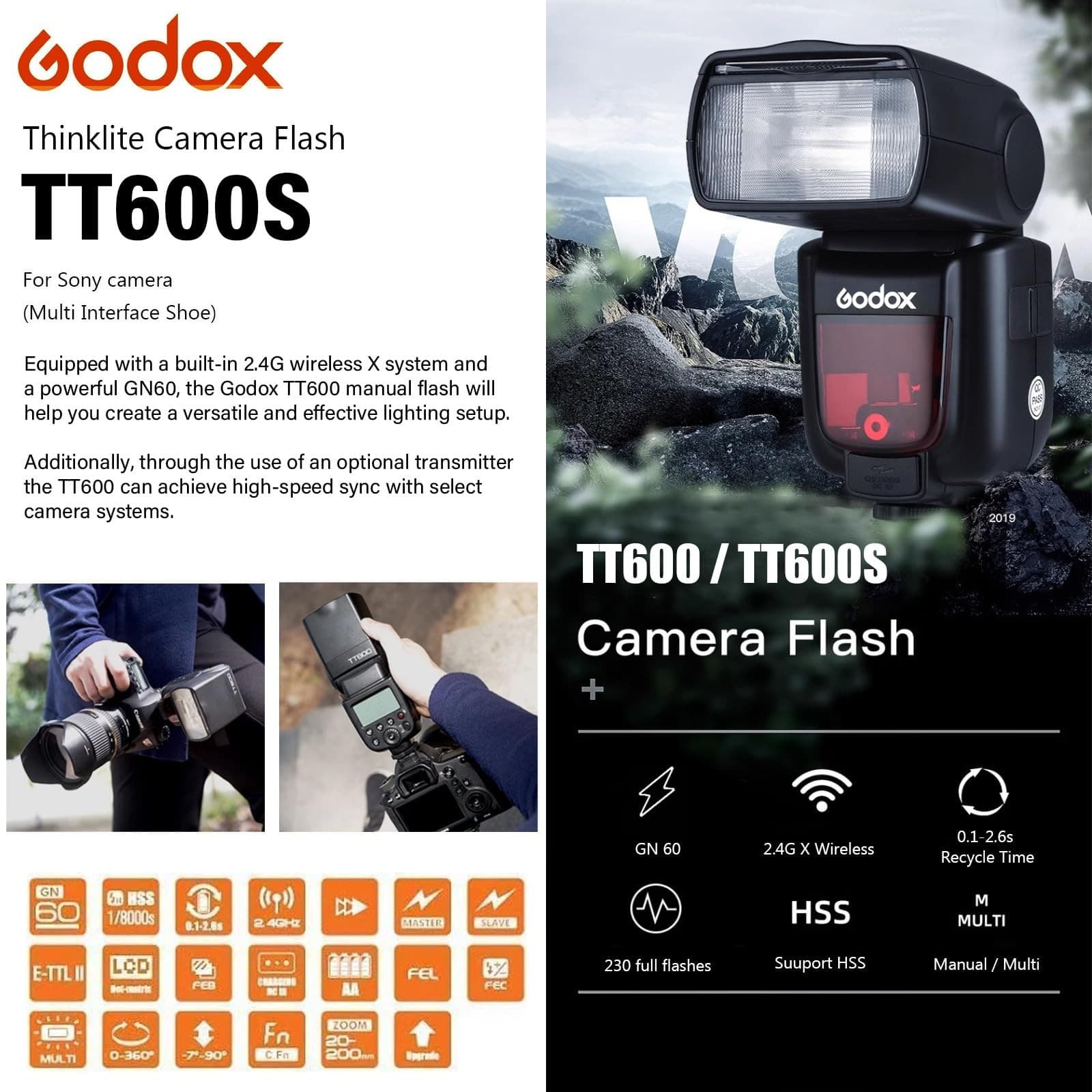 Godox TT600 2.4G Wireless Camera Flash Speedlite Master/Slave GN60 Manual Flash - Thumbnail 2