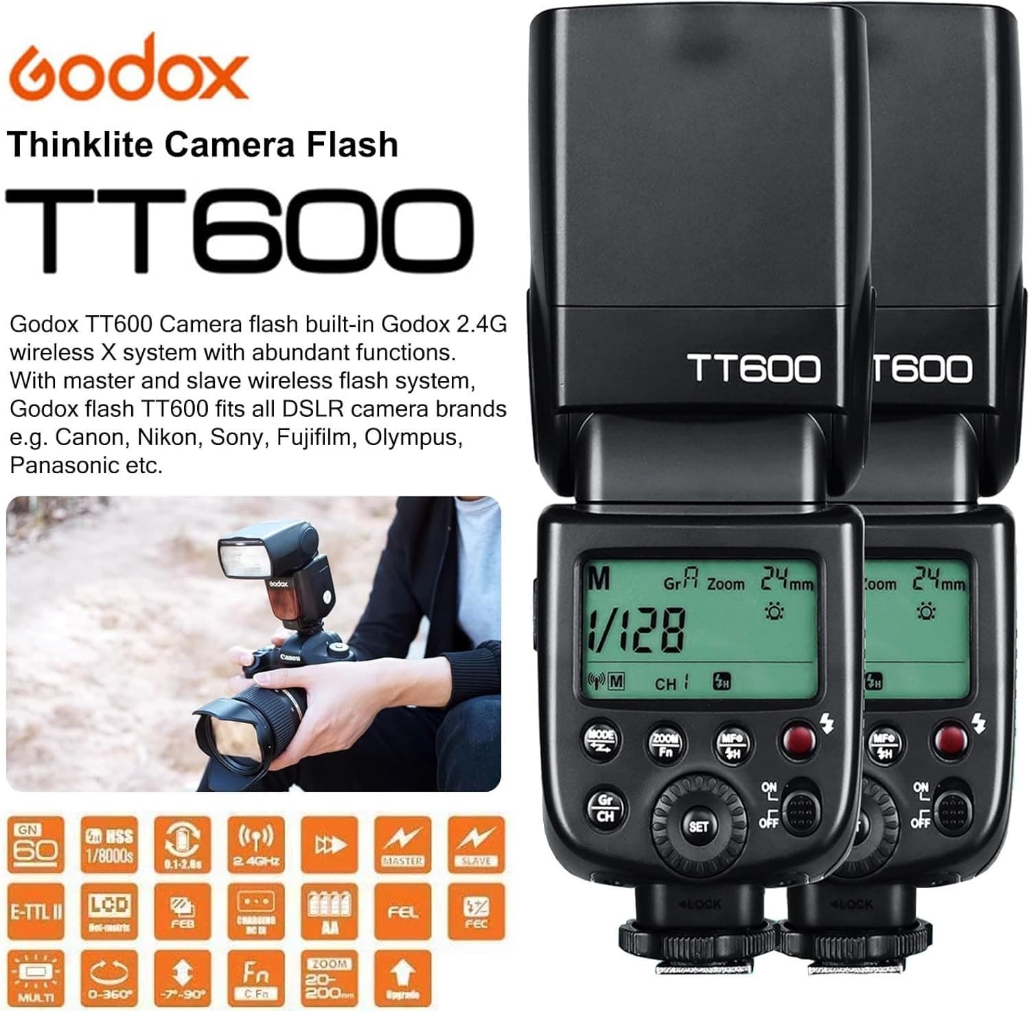 Godox TT600 2.4G Wireless Camera Flash Speedlite Master/Slave GN60 Manual Flash - Thumbnail 7