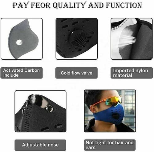 Reusable Activated Carbon Filter Valves Cycling Face Mask Sports Blue Red Black - Thumbnail 5