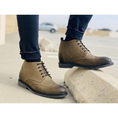 Men's Elevator Shoes Invisible Height Increas 3" Taller Wing-tip Khaki Suede 9M - Thumbnail 7
