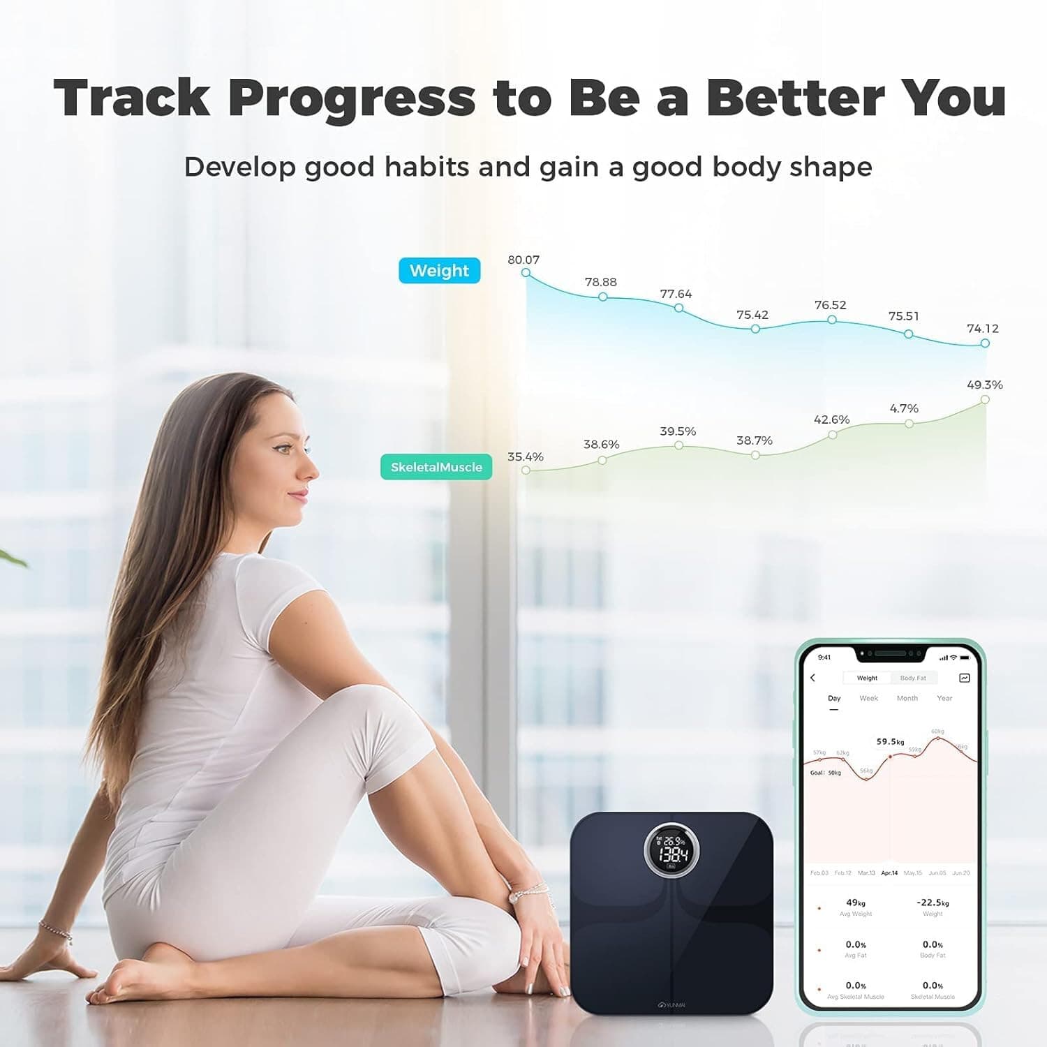 YUNMAI Premium Bluetooth Smart Body Fat Scale- IOS Android Fitbit Apple Health - Thumbnail 8