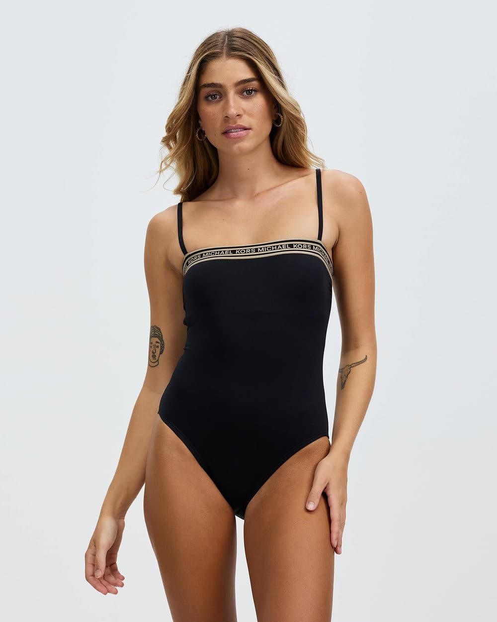 Michael Kors Swimsuit Logo Elastic Solids Square Neck One-Piece Black Size 8 - Image 1