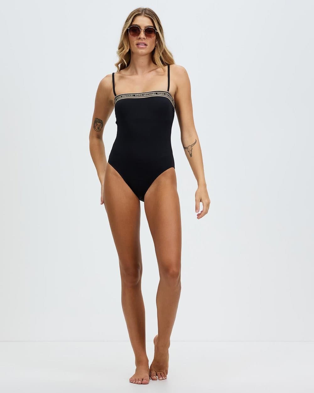 Michael Kors Swimsuit Logo Elastic Solids Square Neck One-Piece Black Size 8 - Thumbnail 4