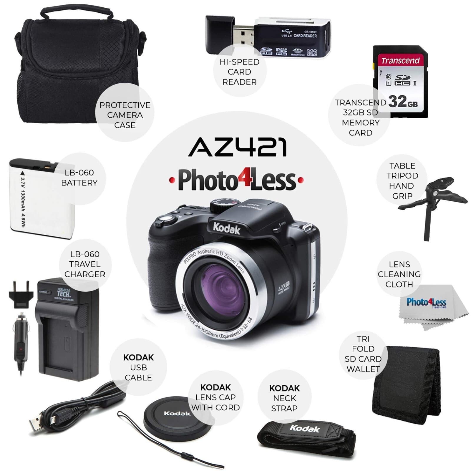 Kodak PIXPRO AZ421 16MP Digital Camera Black Bundle w/ Case, Battery & Tripod - Thumbnail 2