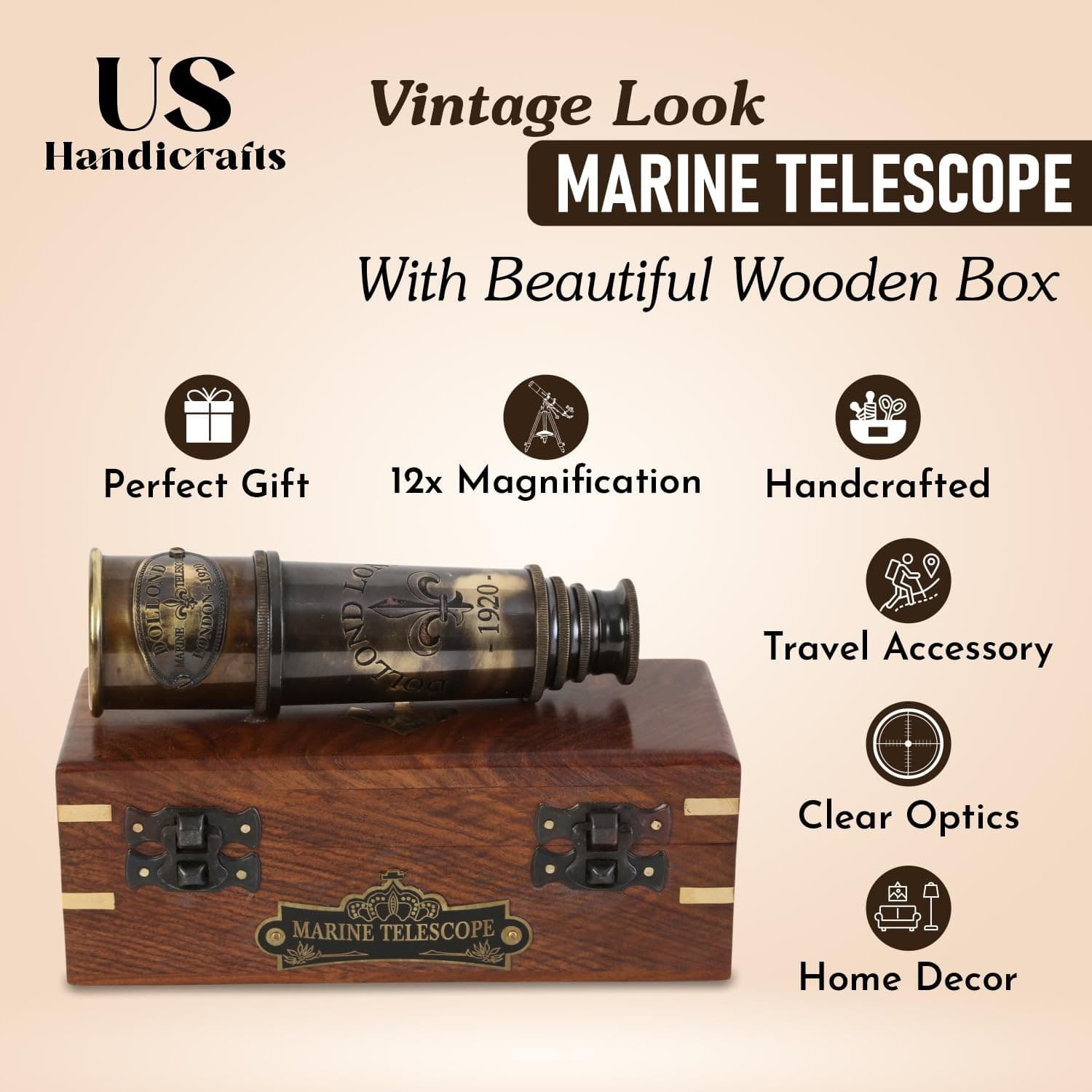 1920 Marine Telescope - Vintage Brass Spyglass with Wooden Box 15” Antique - Thumbnail 4