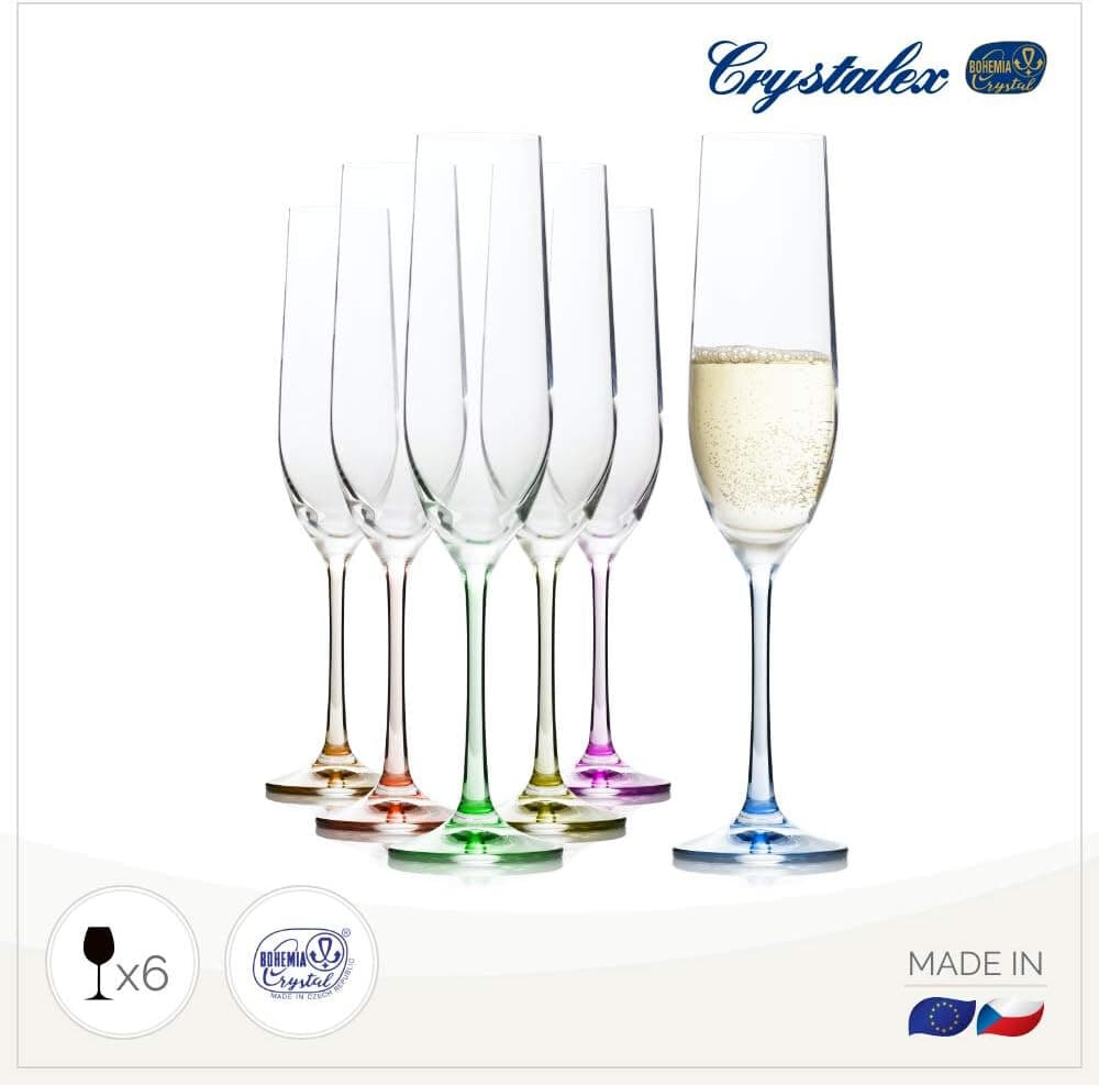 Bohemia Rainbow Set of 6 Champagne Flute Multi Colored Crystal Glasses, 6.5 Oz - Thumbnail 4