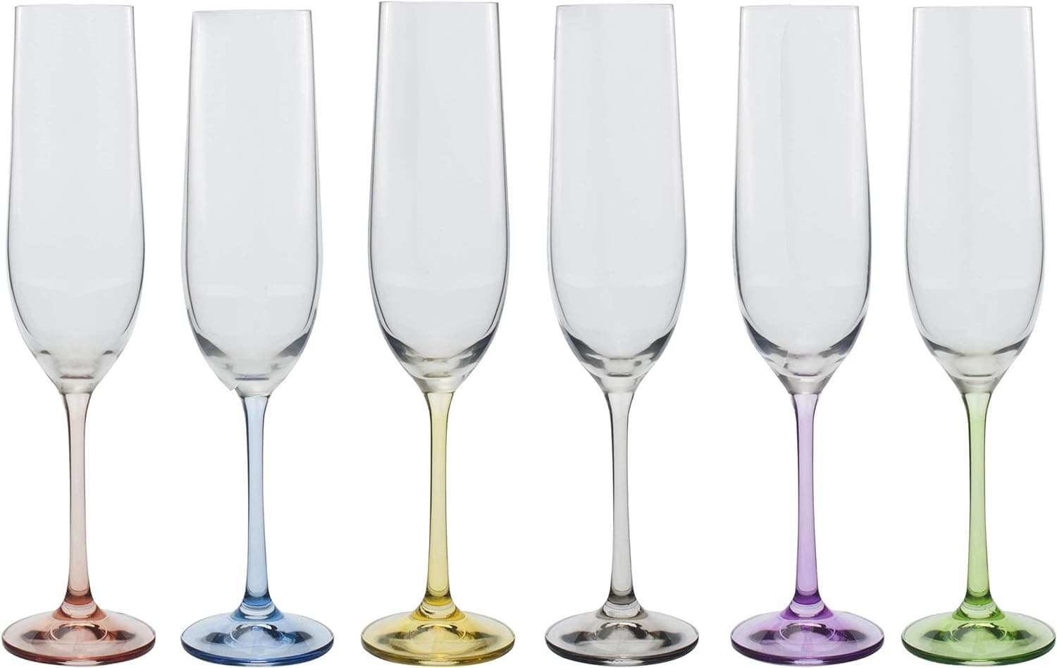 Bohemia Rainbow Set of 6 Champagne Flute Multi Colored Crystal Glasses, 6.5 Oz - Image 1
