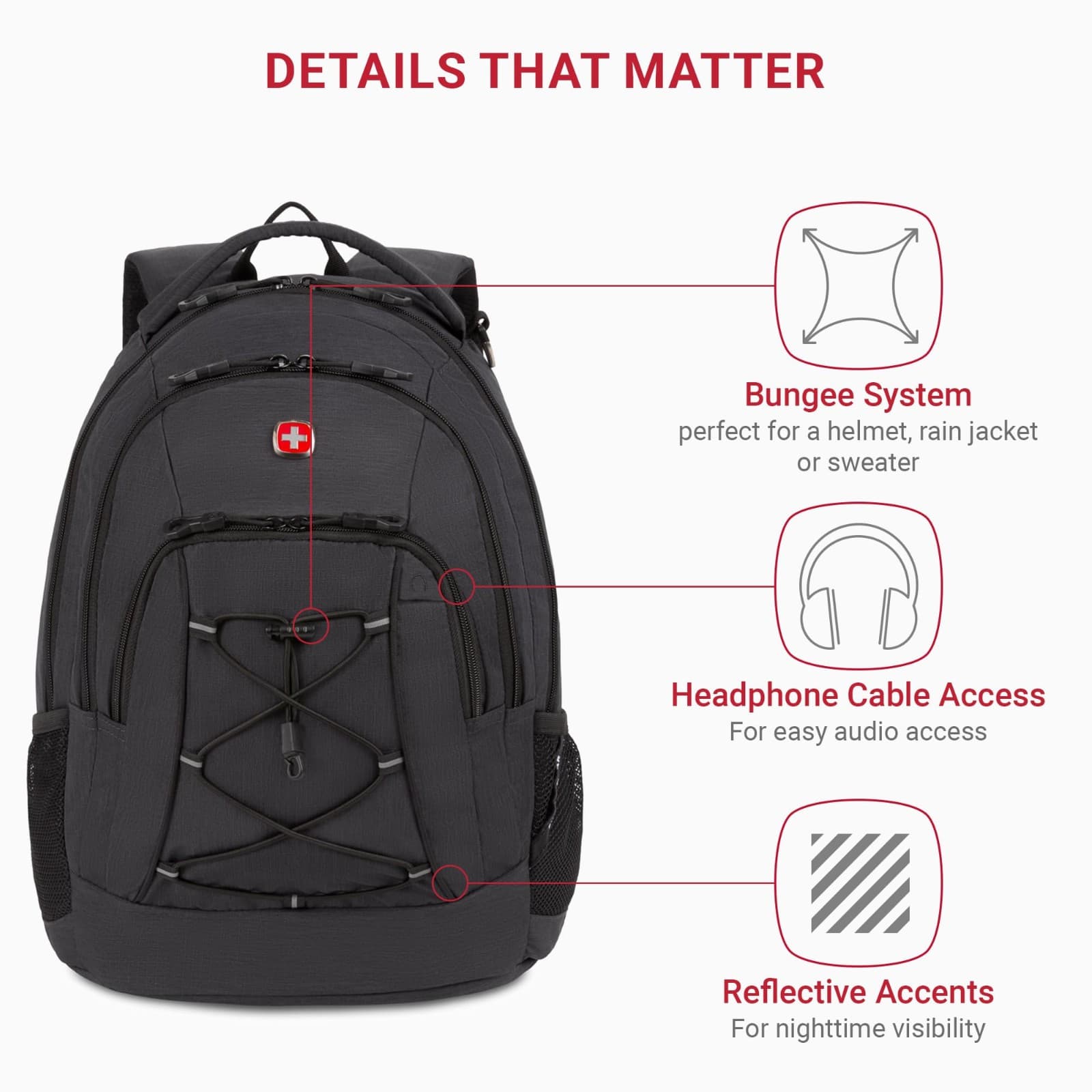 SwissGear 1186 Bungee Backpack, Grey (Laptop Version), 17.75 inch - Thumbnail 3