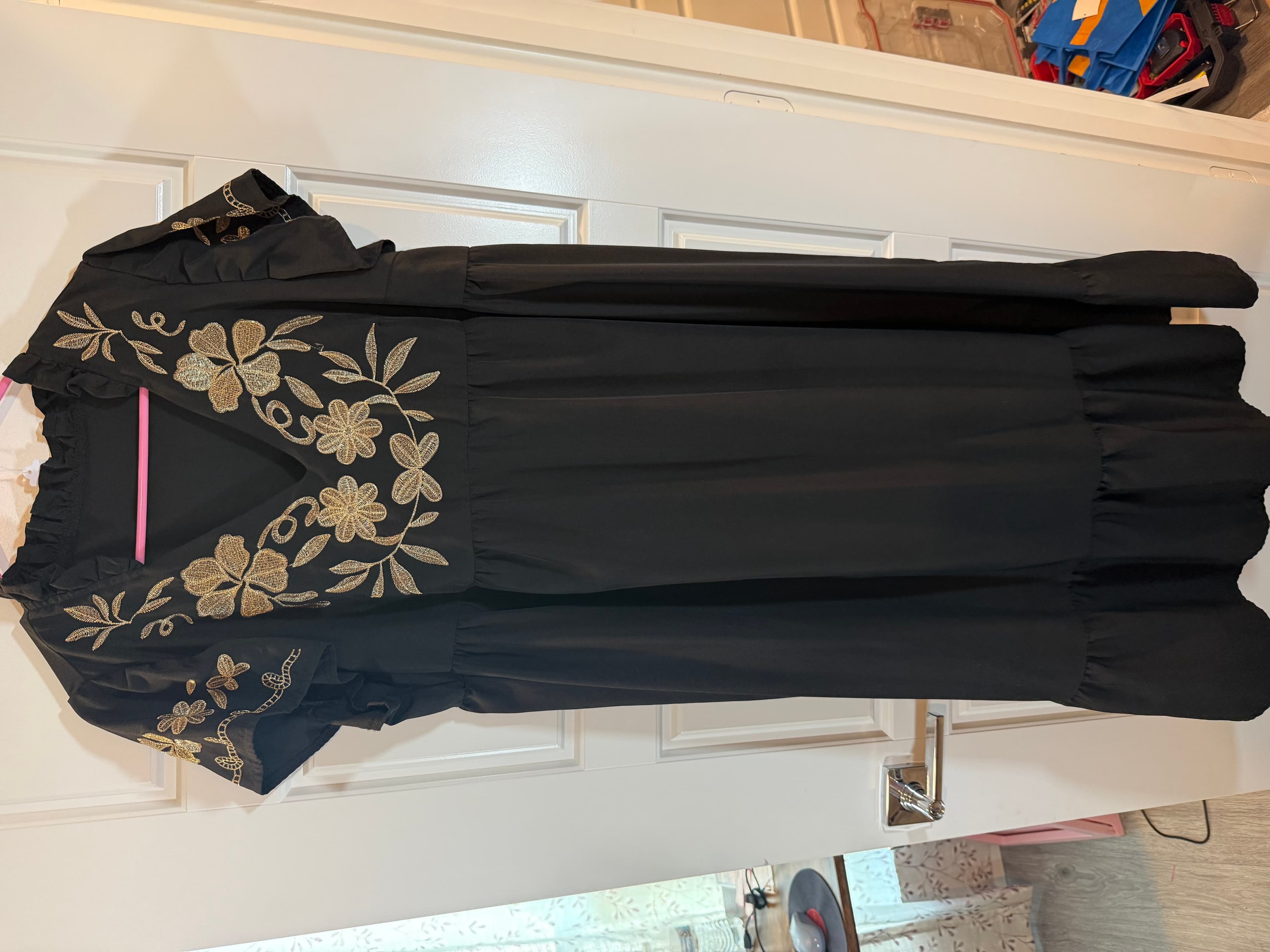 SHEIN Curve Black Dress with Embroidered Sleeves 1XL - Thumbnail 3
