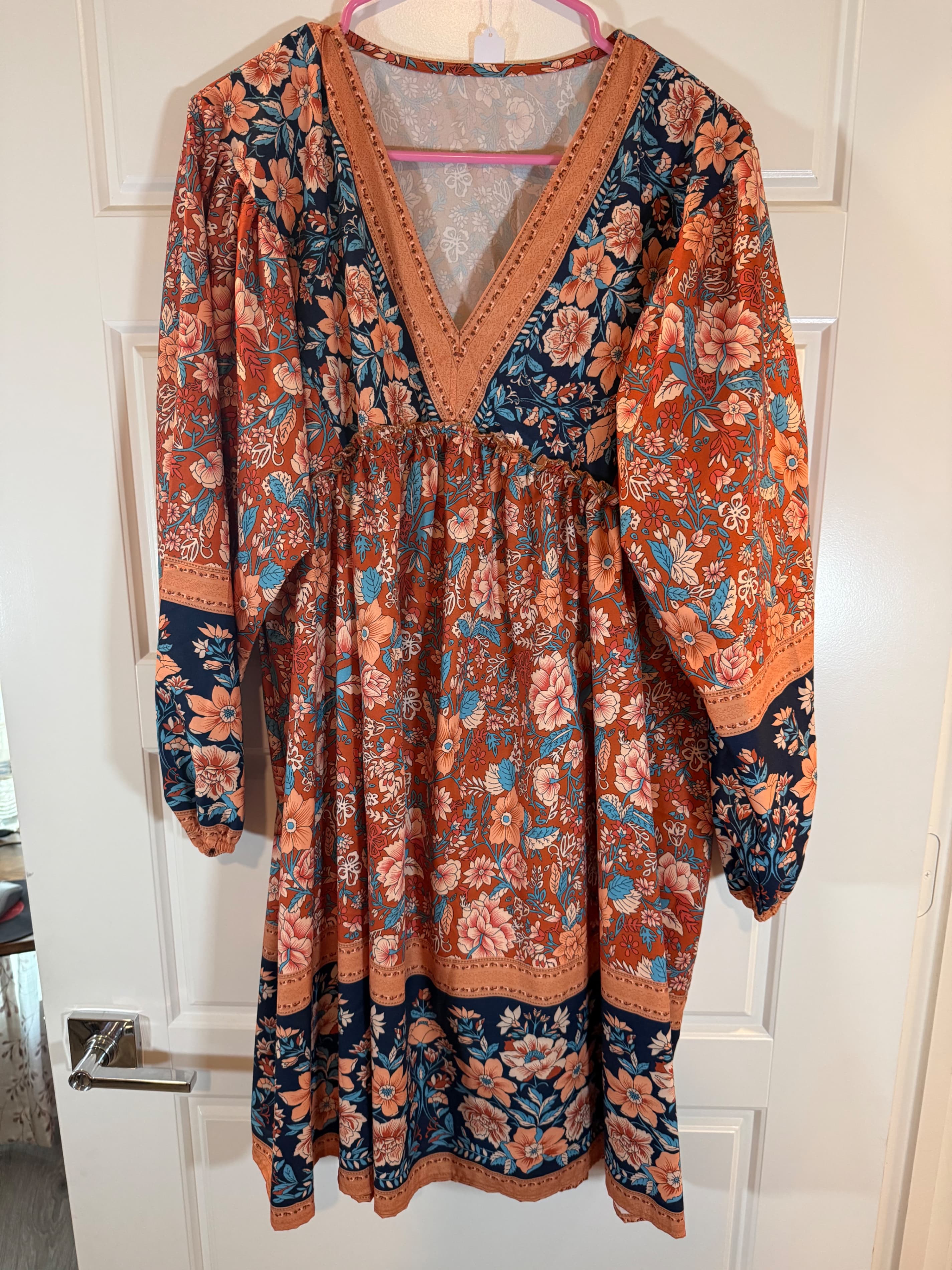 SHEIN Floral Boho Dress with V-Neck and Long Sleeves - Thumbnail 2
