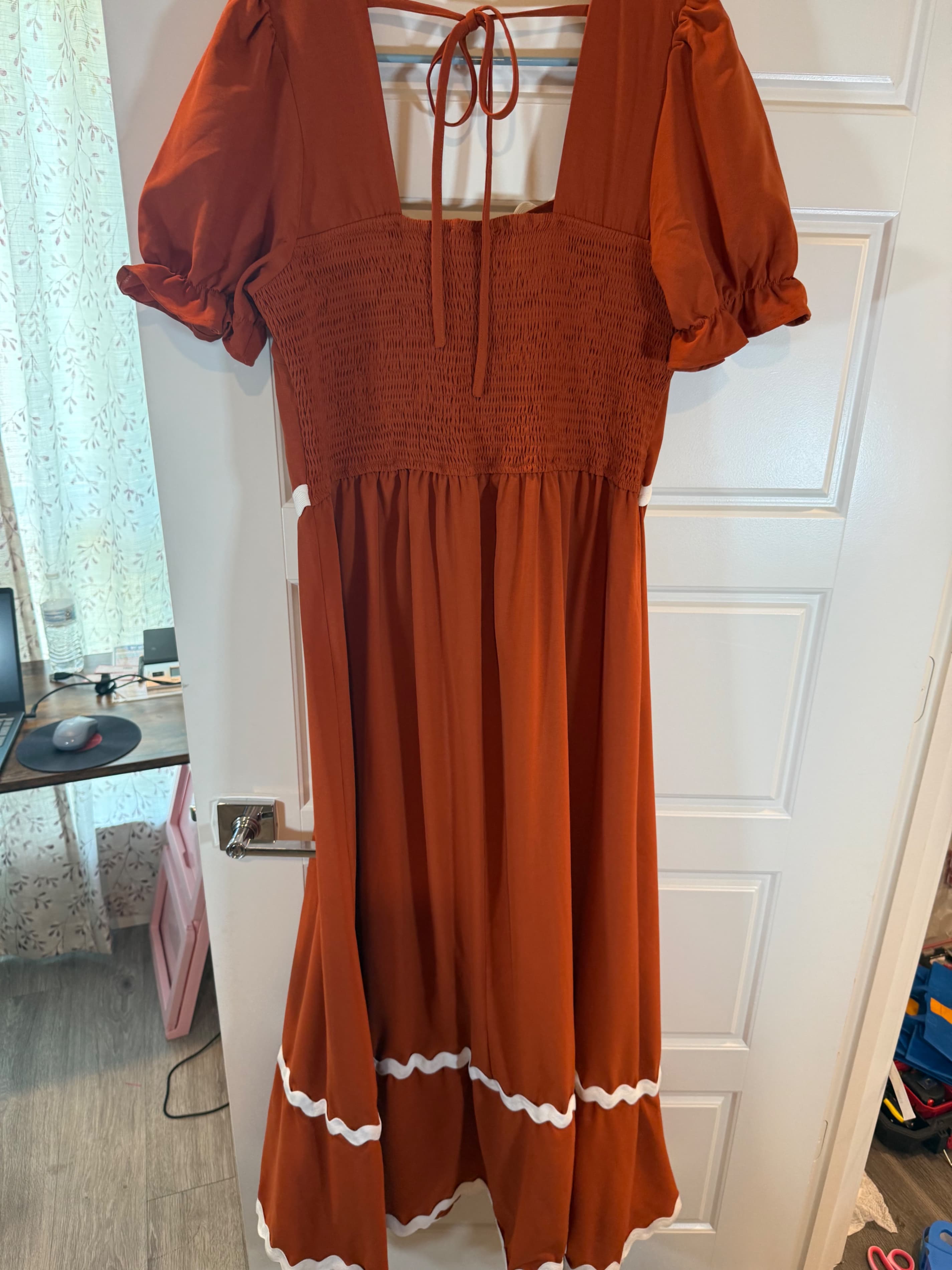 BTFBM XL Rust Smocked Midi Dress with Puff Sleeves - Image 1