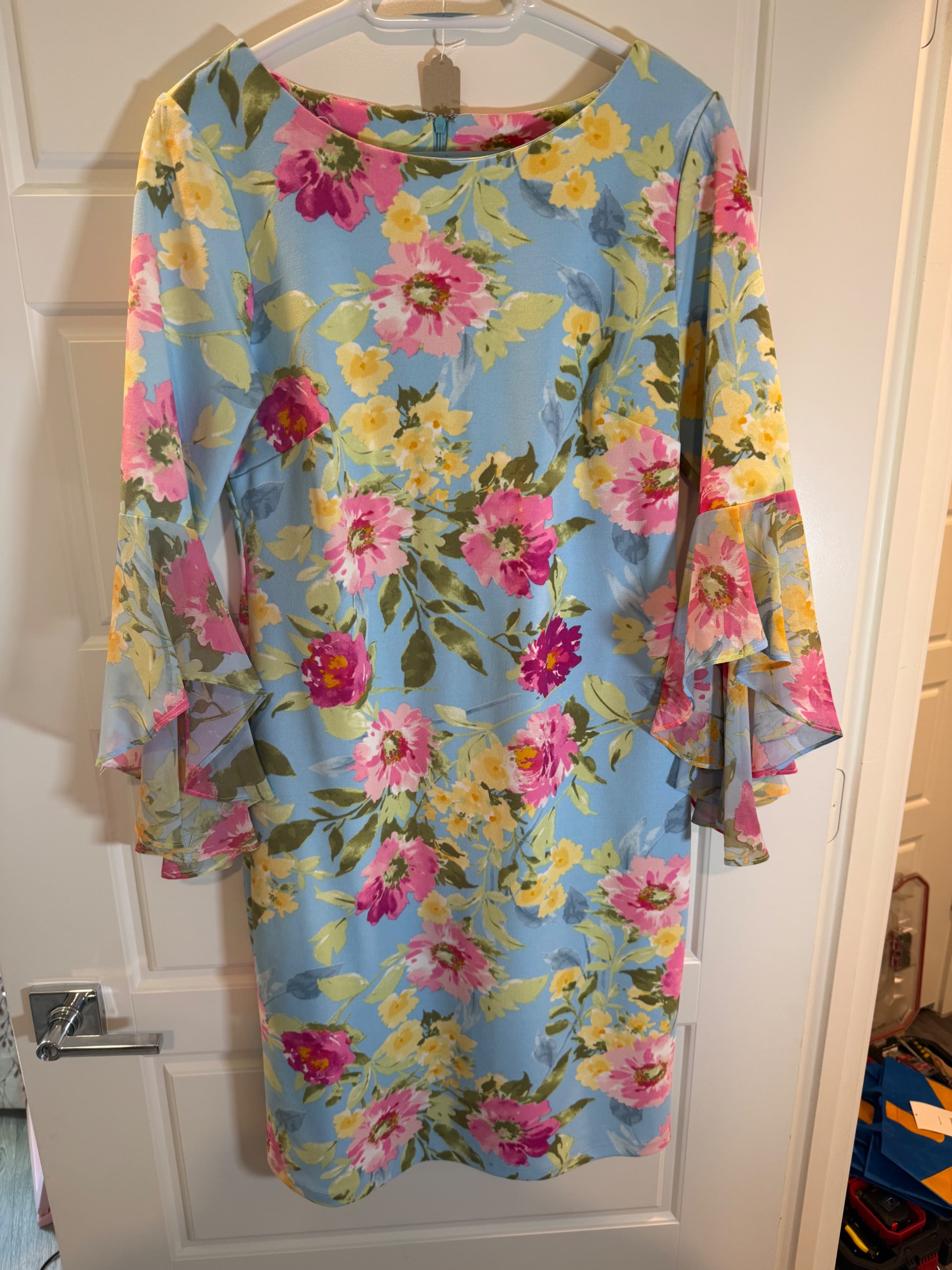 Shelby & Palmer Floral Bell Sleeve Dress with Blue Background - Thumbnail 2