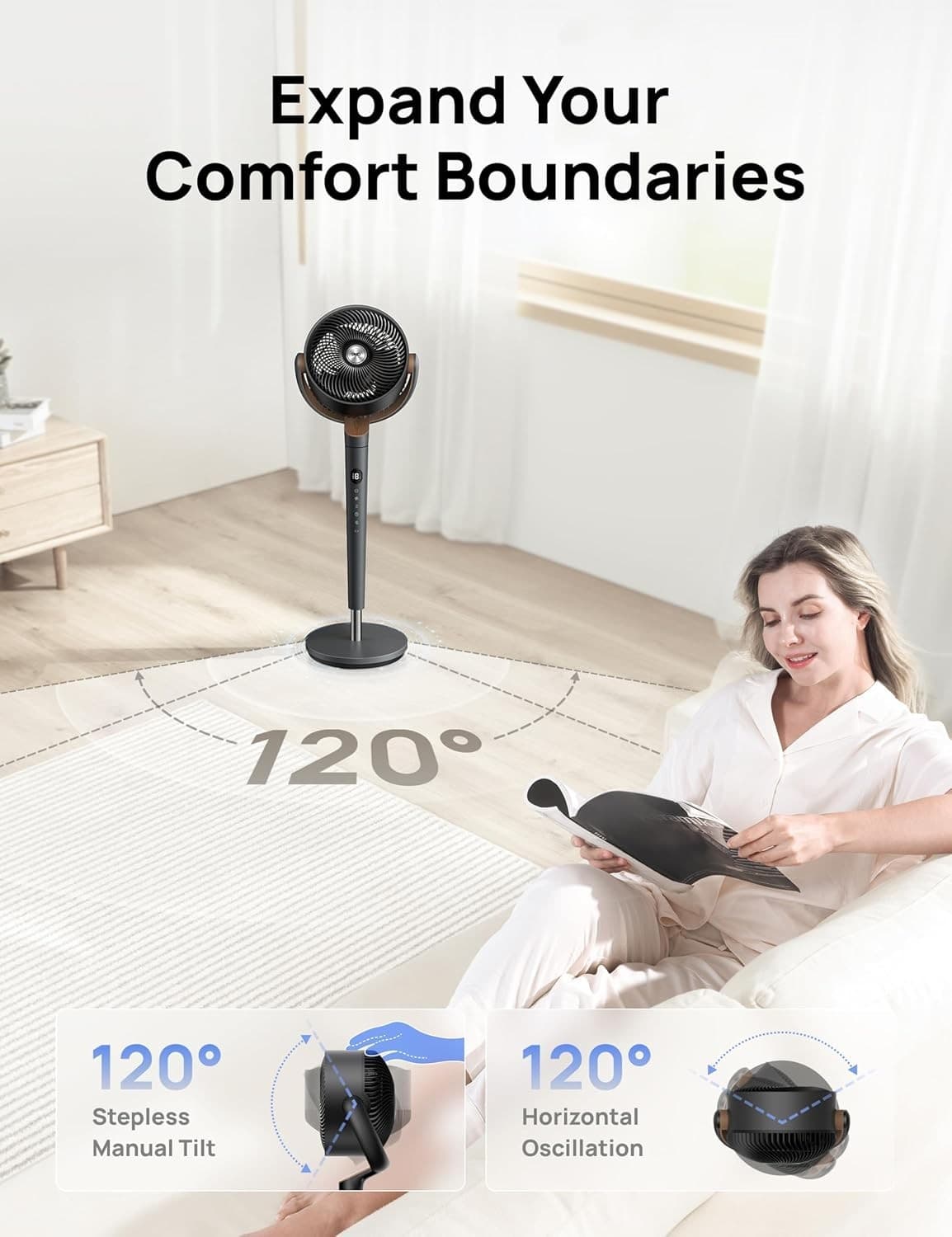DREO Fan for Bedroom, 120° Oscillating Standing Fans, Quiet Floor Fan with DC Mo - Thumbnail 5