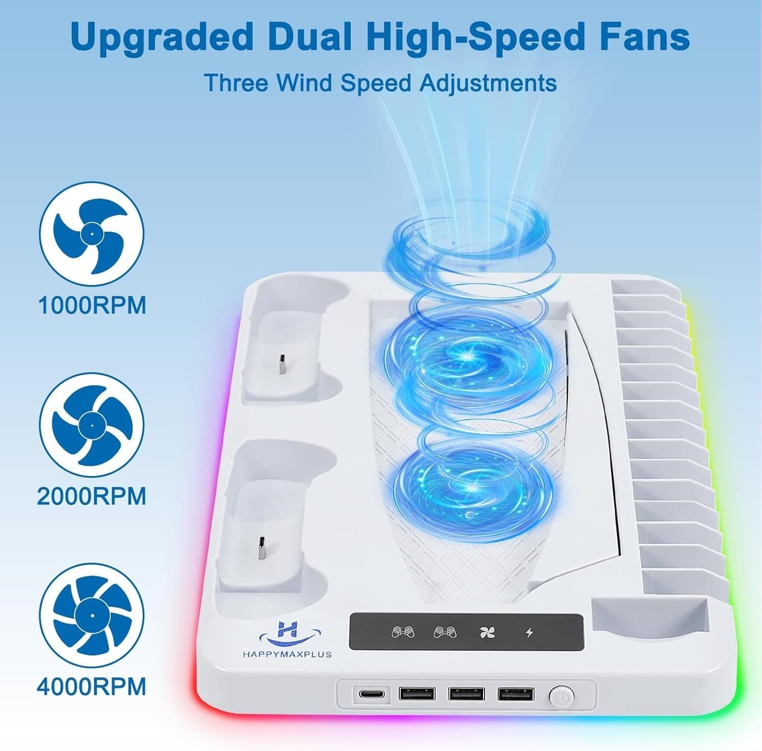 PS5 Cooling Station with Dual Controller Charger, Headset Holder, 3 USB & USB-C - Thumbnail 2
