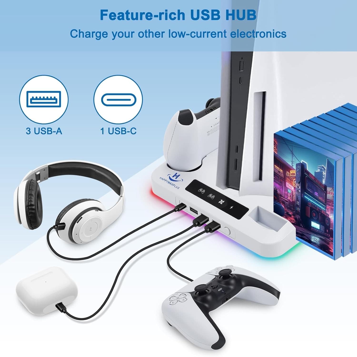 PS5 Cooling Station with Dual Controller Charger, Headset Holder, 3 USB & USB-C - Thumbnail 4