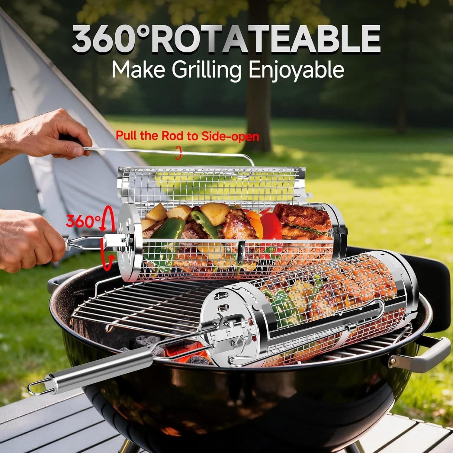 Chenovate Heavy Duty Rolling Grill Baskets with Side-opening and Removable Hand - Thumbnail 3
