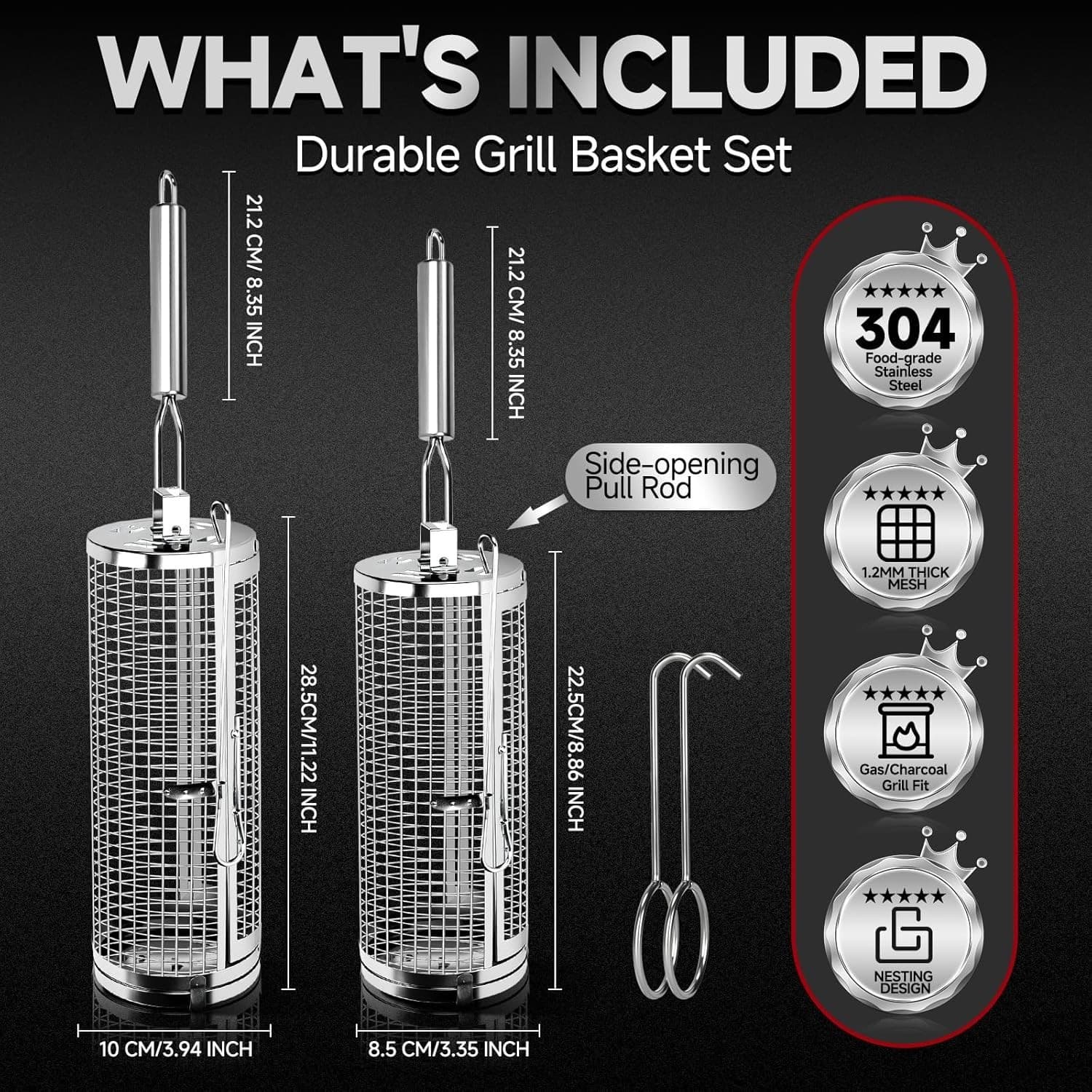 Chenovate Heavy Duty Rolling Grill Baskets with Side-opening and Removable Hand - Thumbnail 2