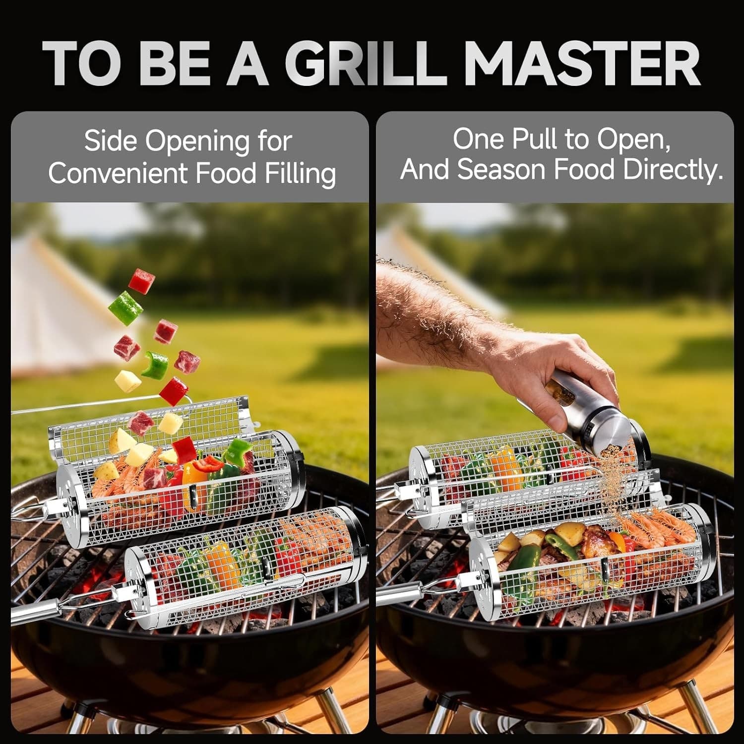 Chenovate Heavy Duty Rolling Grill Baskets with Side-opening and Removable Hand - Thumbnail 5