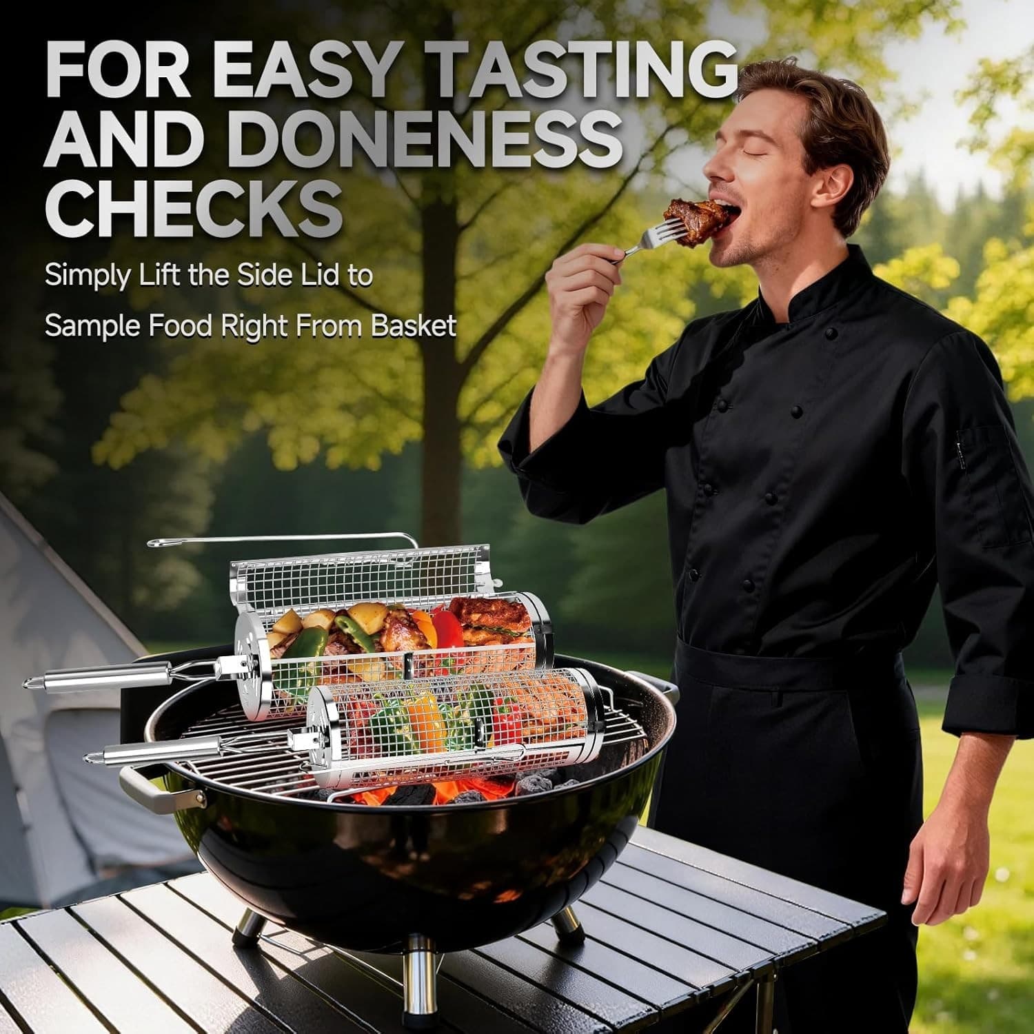 Chenovate Heavy Duty Rolling Grill Baskets with Side-opening and Removable Hand - Thumbnail 6