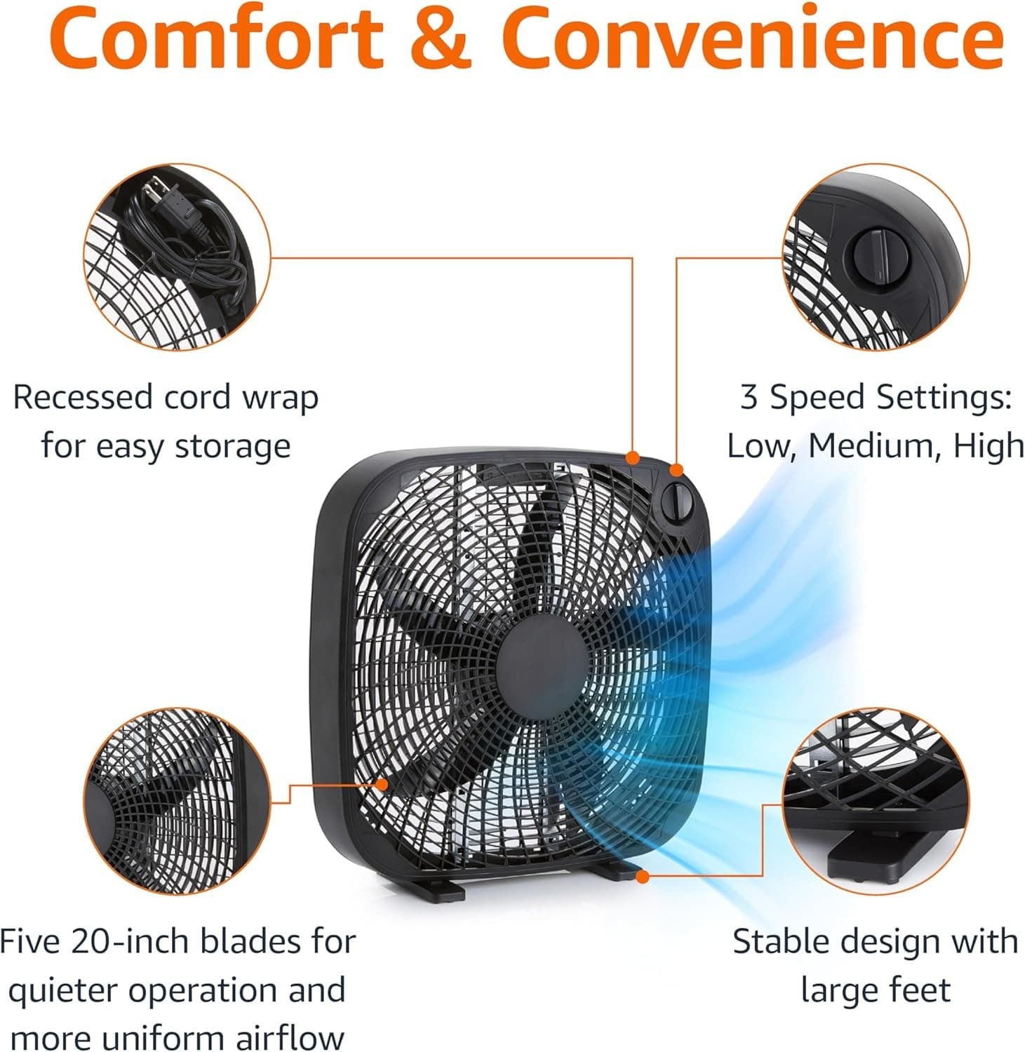 Basics 3-Speed Box Fan for Bedroom, Portable with Carry Handle, Powerful - Thumbnail 3