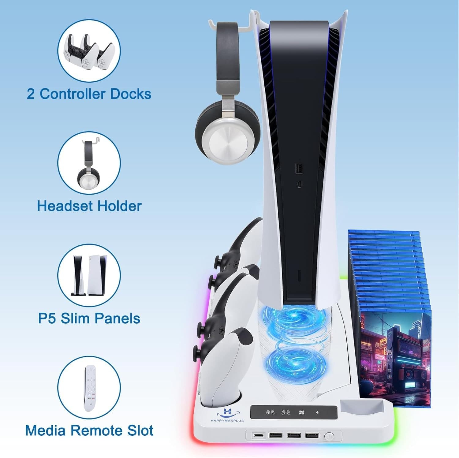 PS5 Cooling Station with Dual Controller Charger, Headset Holder, 3 USB & USB-C - Thumbnail 5