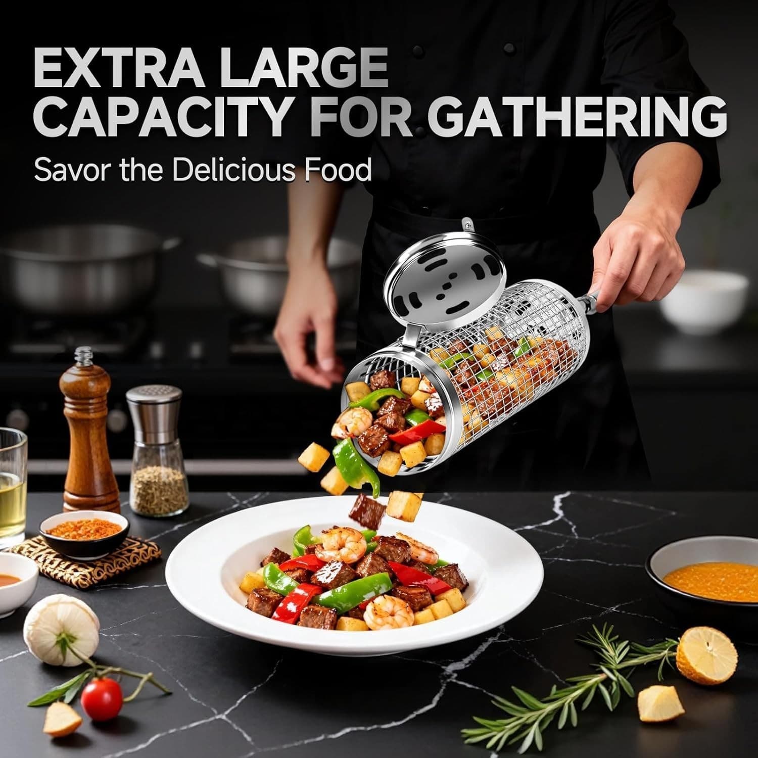 Chenovate Heavy Duty Rolling Grill Baskets with Side-opening and Removable Hand - Thumbnail 16