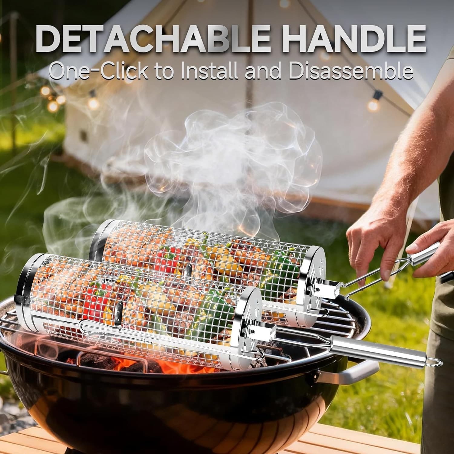 Chenovate Heavy Duty Rolling Grill Baskets with Side-opening and Removable Hand - Thumbnail 4