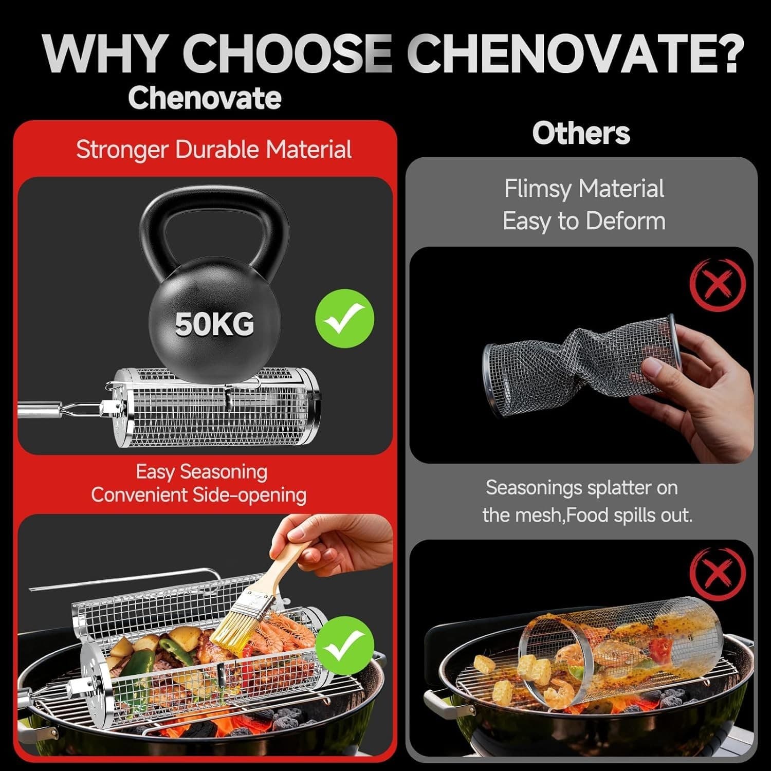 Chenovate Heavy Duty Rolling Grill Baskets with Side-opening and Removable Hand - Thumbnail 17
