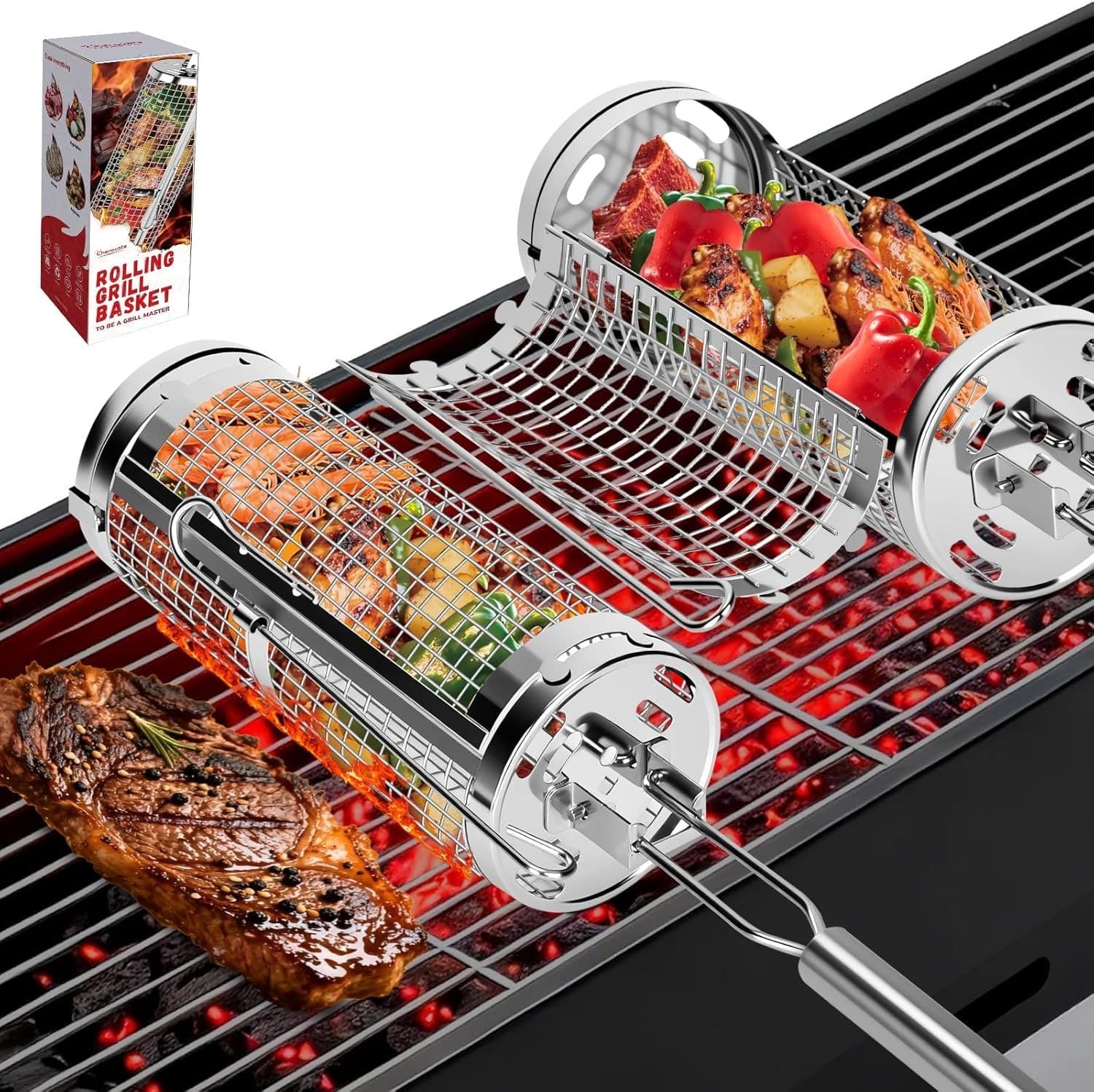 Chenovate Heavy Duty Rolling Grill Baskets with Side-opening and Removable Hand - Thumbnail 10