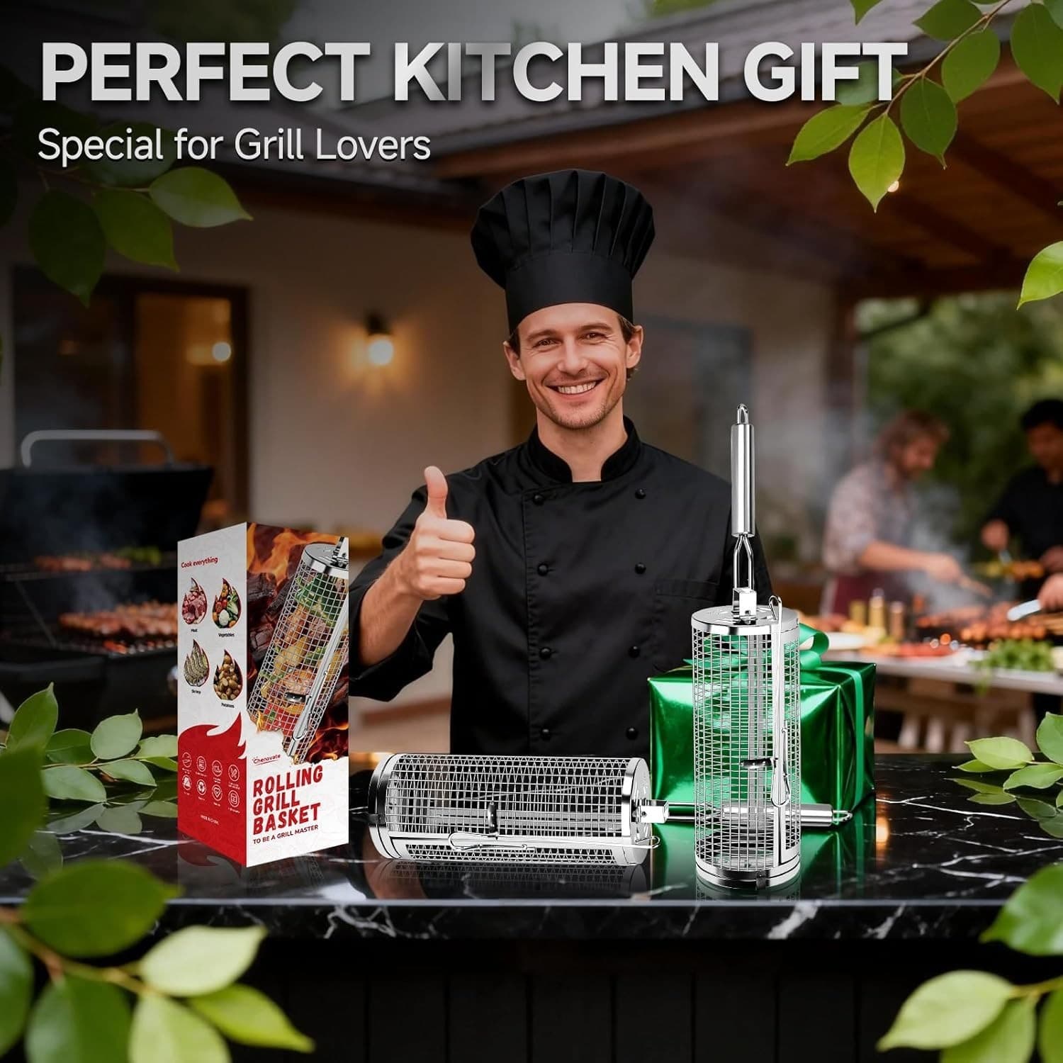 Chenovate Heavy Duty Rolling Grill Baskets with Side-opening and Removable Hand - Thumbnail 18