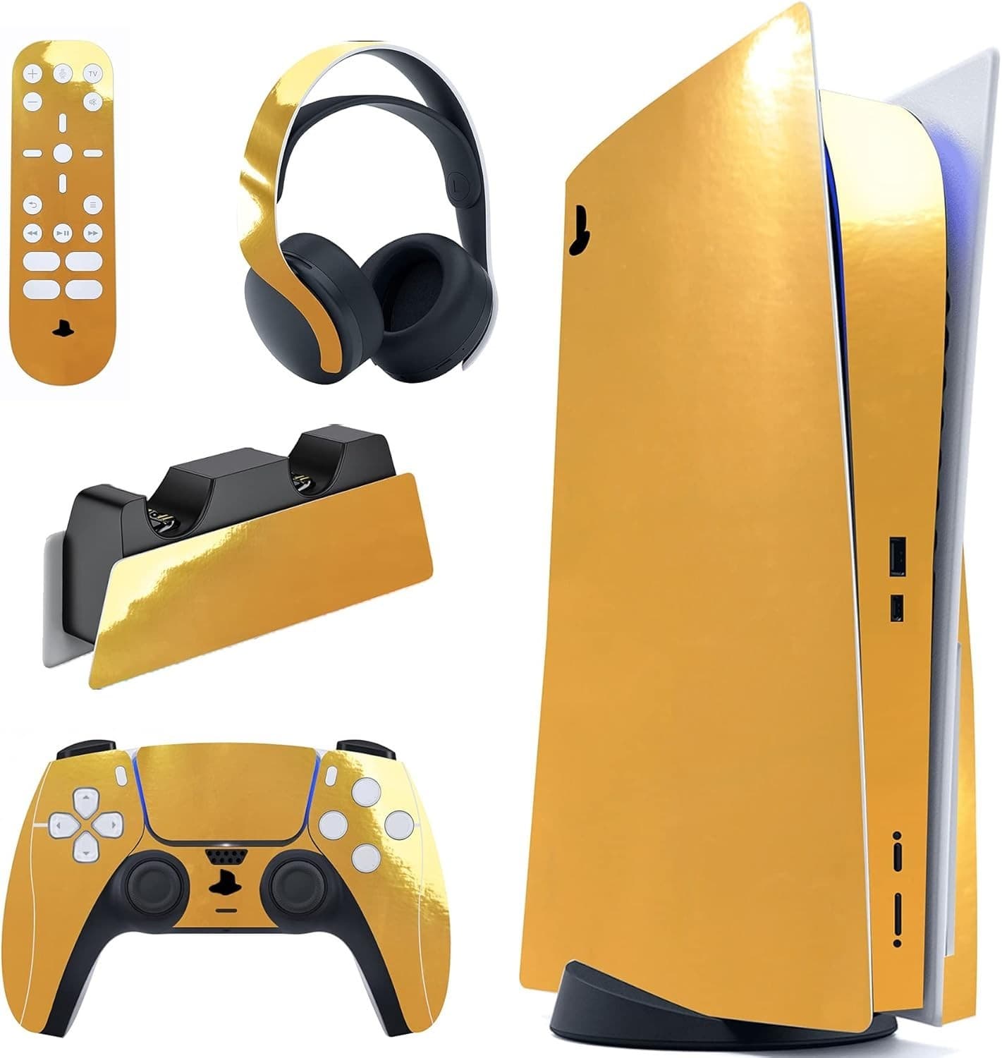 PlayVital Chrome Gold Glossy Full Set Skin Decal for ps5 Console Disc Edition, S - Image 1