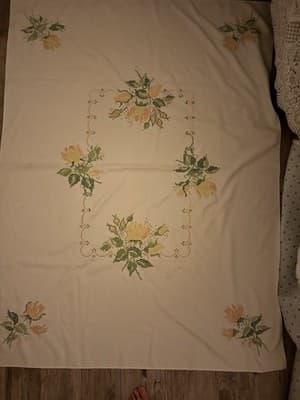 Vintage 50's Cotton Tablecloth Bold Tropical Floral & Scroll SHABBY CHIC 51"x64" - Image 1