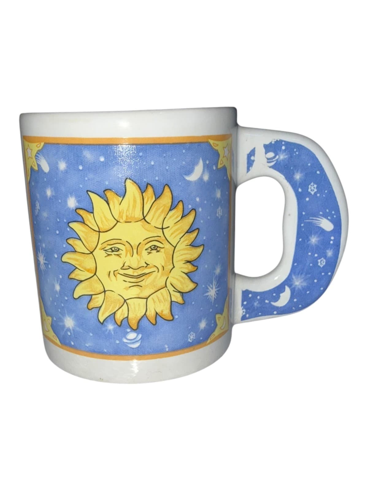 Vintage Celestial Sun Face Mug - Gold Star Moon Planet Galaxy Ceramic