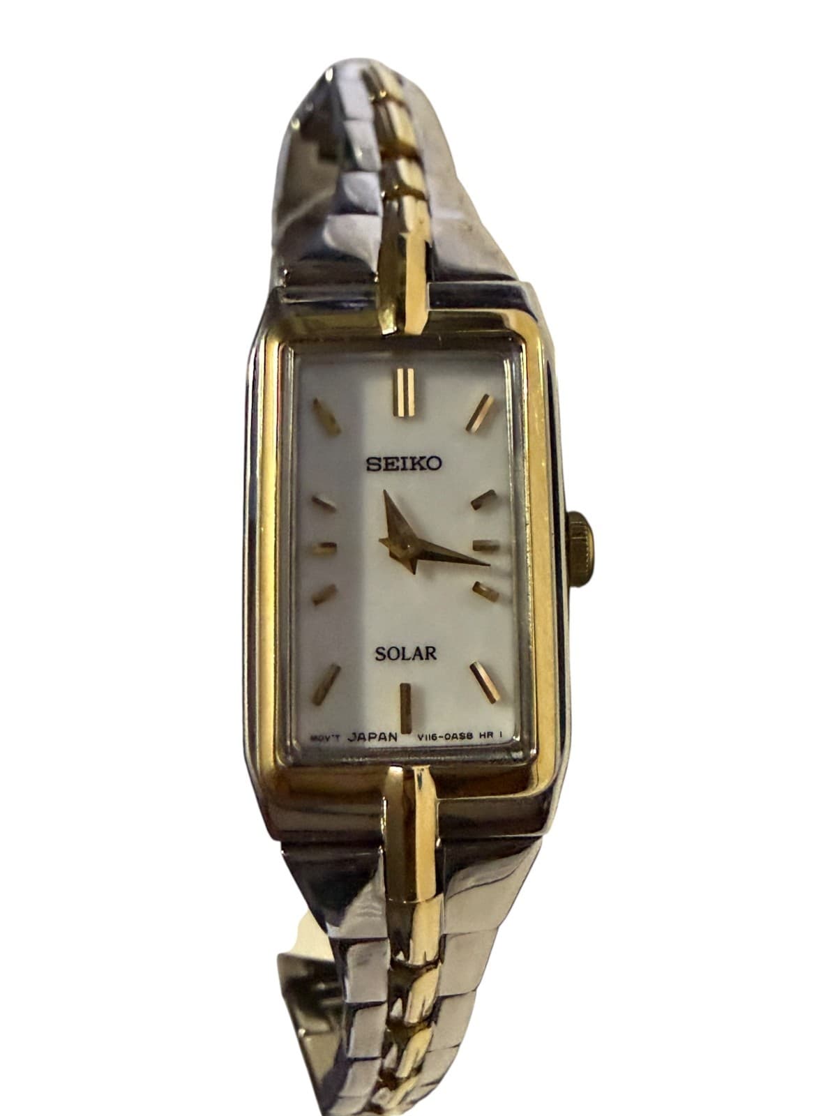 Seiko Solar SUP272 Women's Two-Tone Gold Silver Rectangular Watch NEW - Thumbnail 3