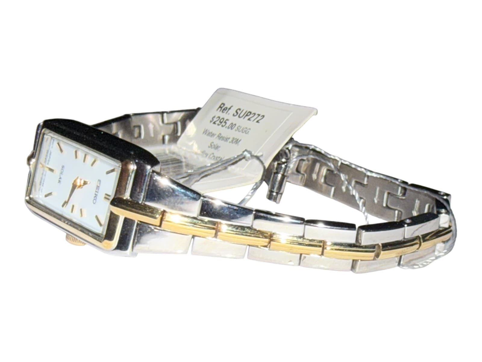 Seiko Solar SUP272 Women's Two-Tone Gold Silver Rectangular Watch NEW - Thumbnail 7