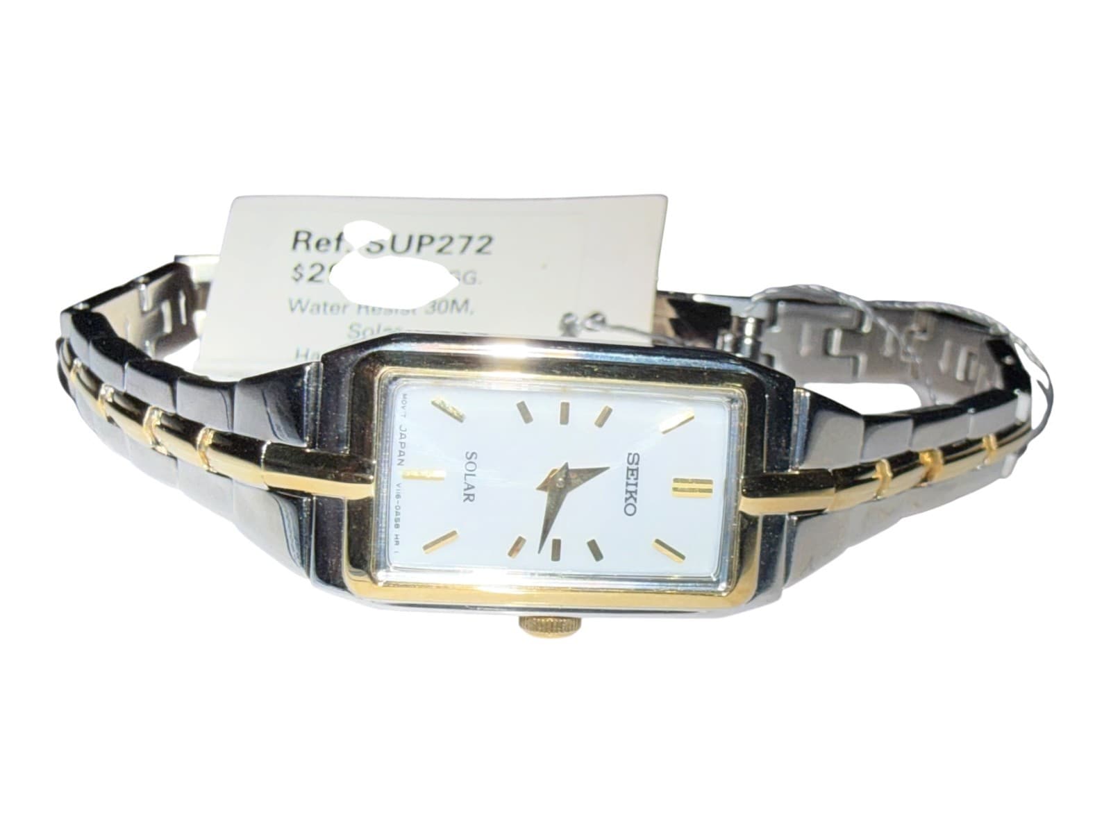 Seiko Solar SUP272 Women's Two-Tone Gold Silver Rectangular Watch NEW - Thumbnail 5