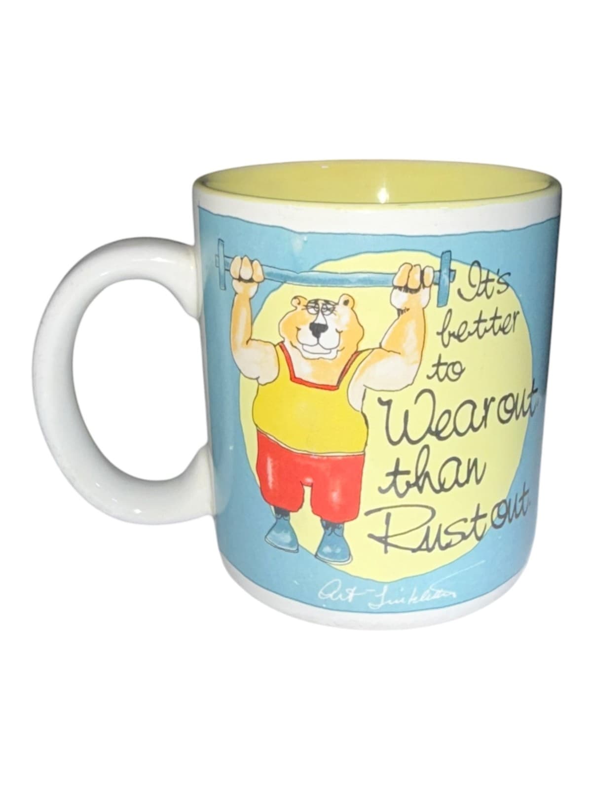 VTG 1988 Art Linkletter Enesco Coffee Mug - "Wear Out, Not Rust Out