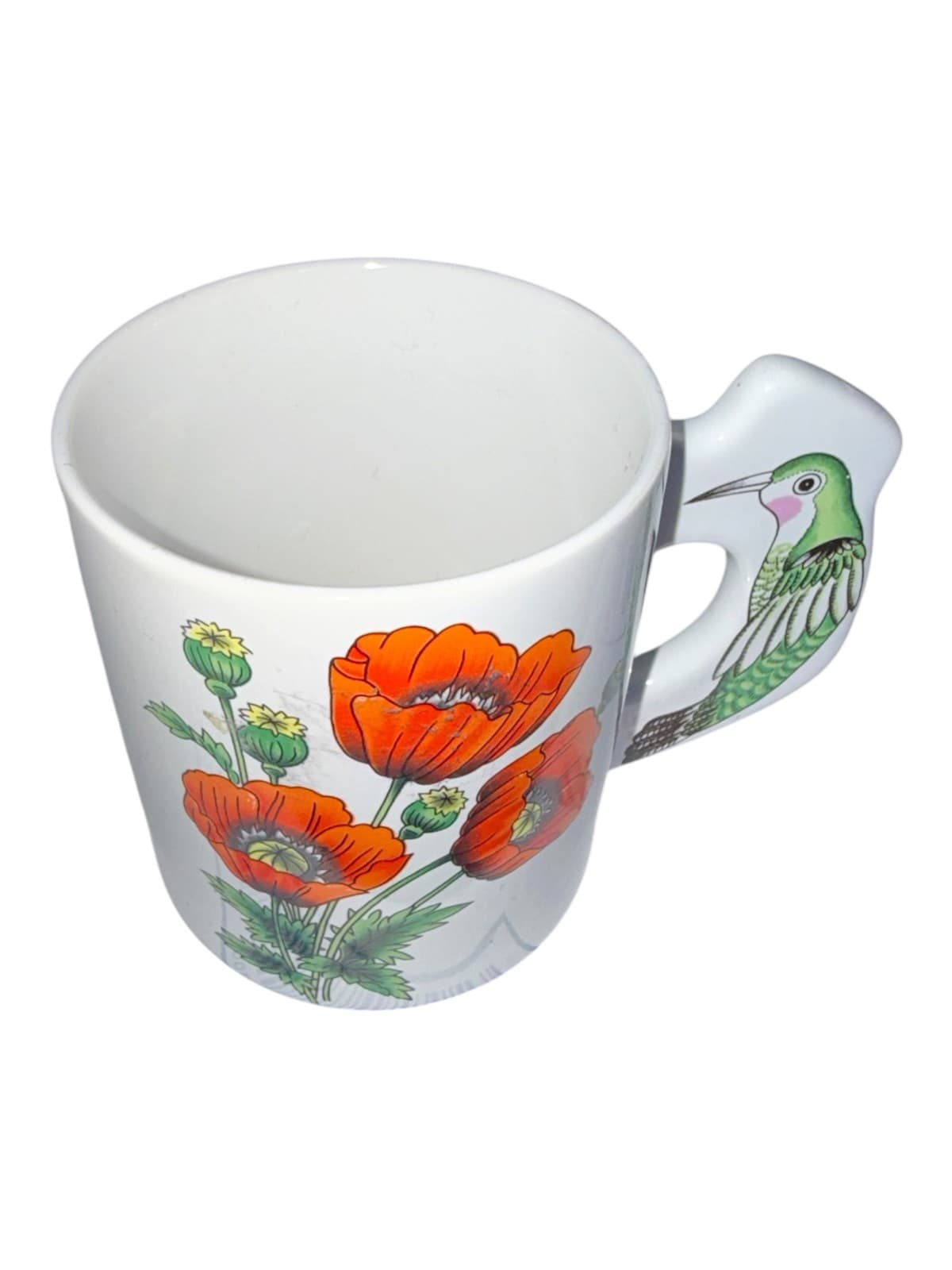 Vintage Orange Poppy Flowers and Green Hummingbird Ceramic Coffee Mug - Thumbnail 5