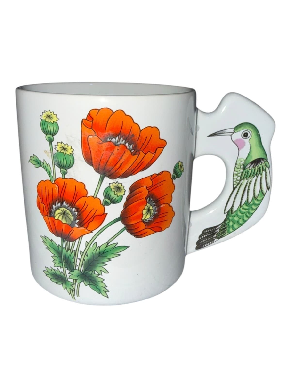 Vintage Orange Poppy Flowers and Green Hummingbird Ceramic Coffee Mug