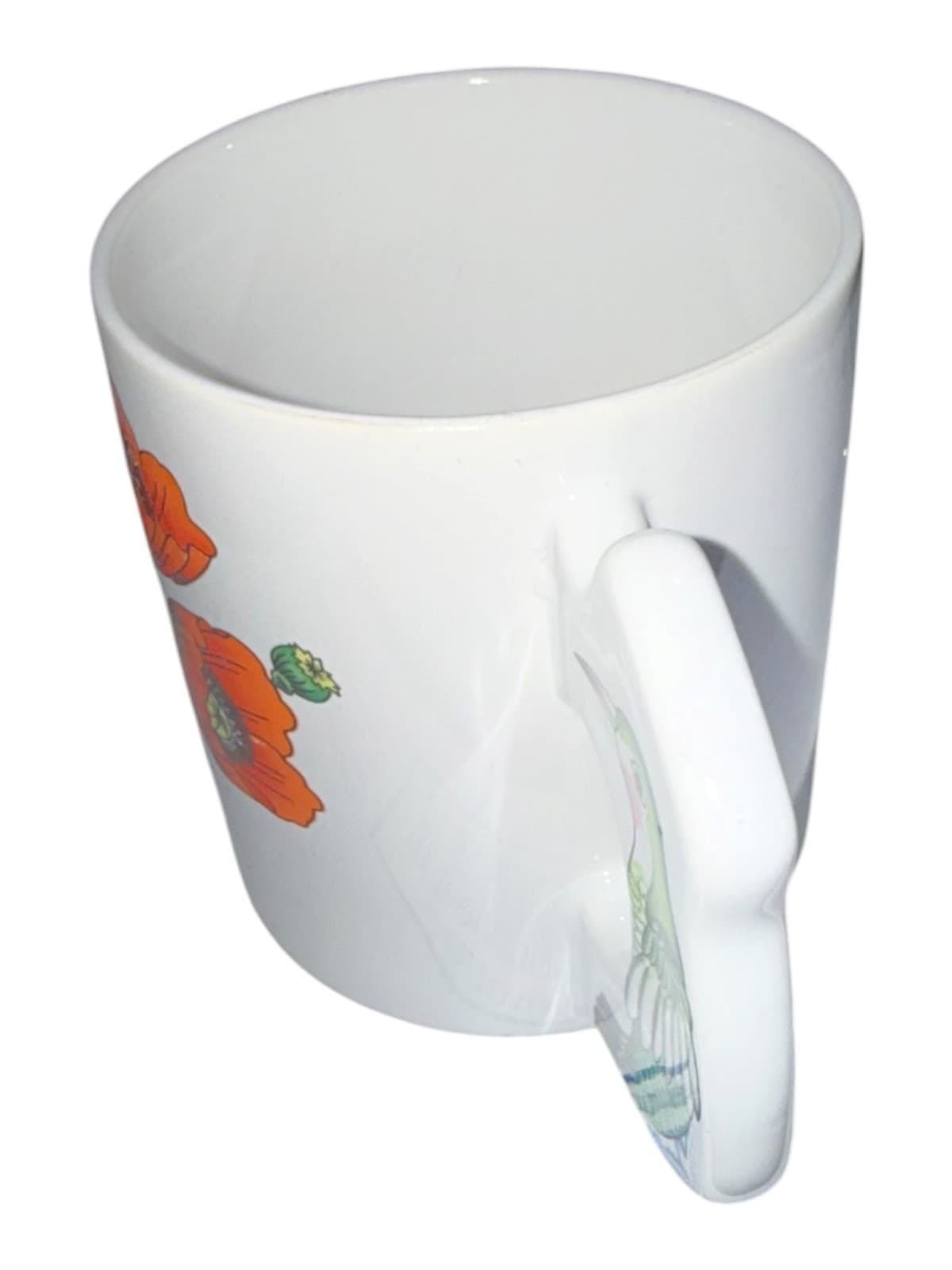 Vintage Orange Poppy Flowers and Green Hummingbird Ceramic Coffee Mug - Thumbnail 4