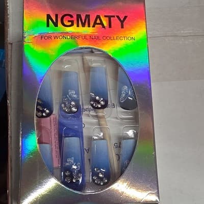 NGMATY 3D Butterfly Blue Press-On Nails, Full Cover Square Pre-Designed Set